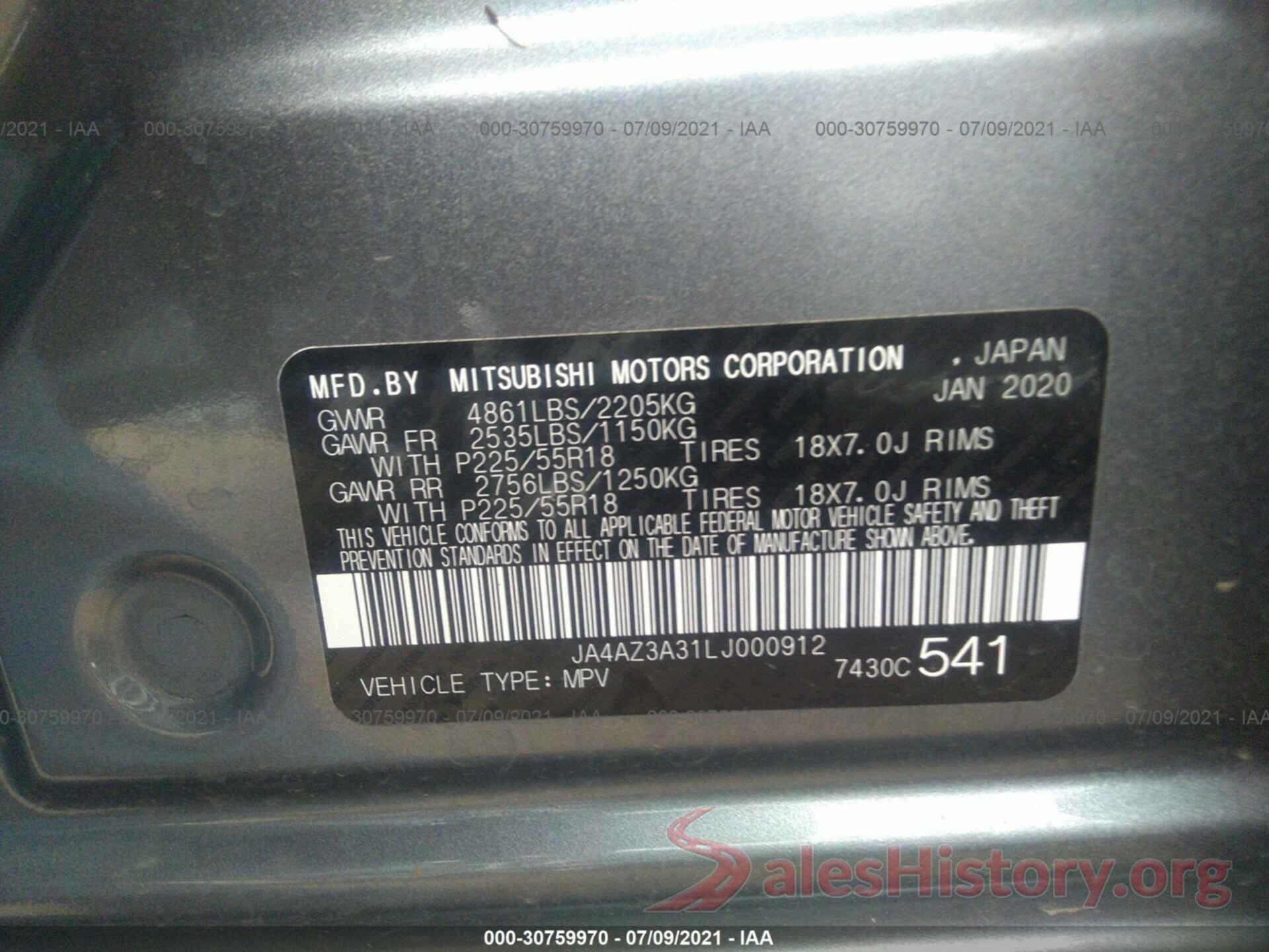 JA4AZ3A31LJ000912 2020 MITSUBISHI OUTLANDER