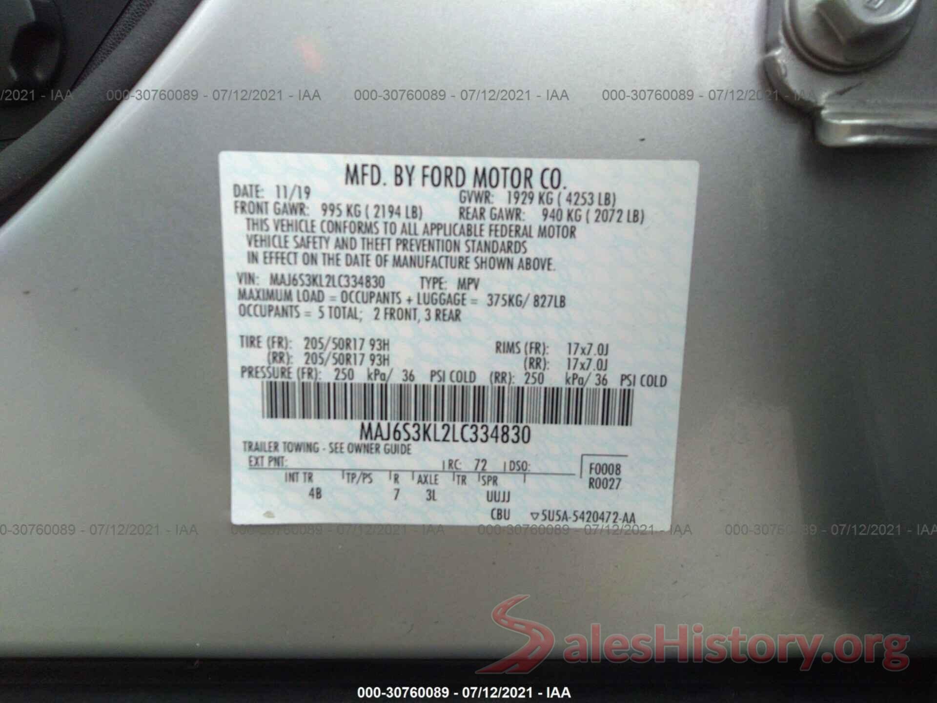 MAJ6S3KL2LC334830 2020 FORD ECOSPORT