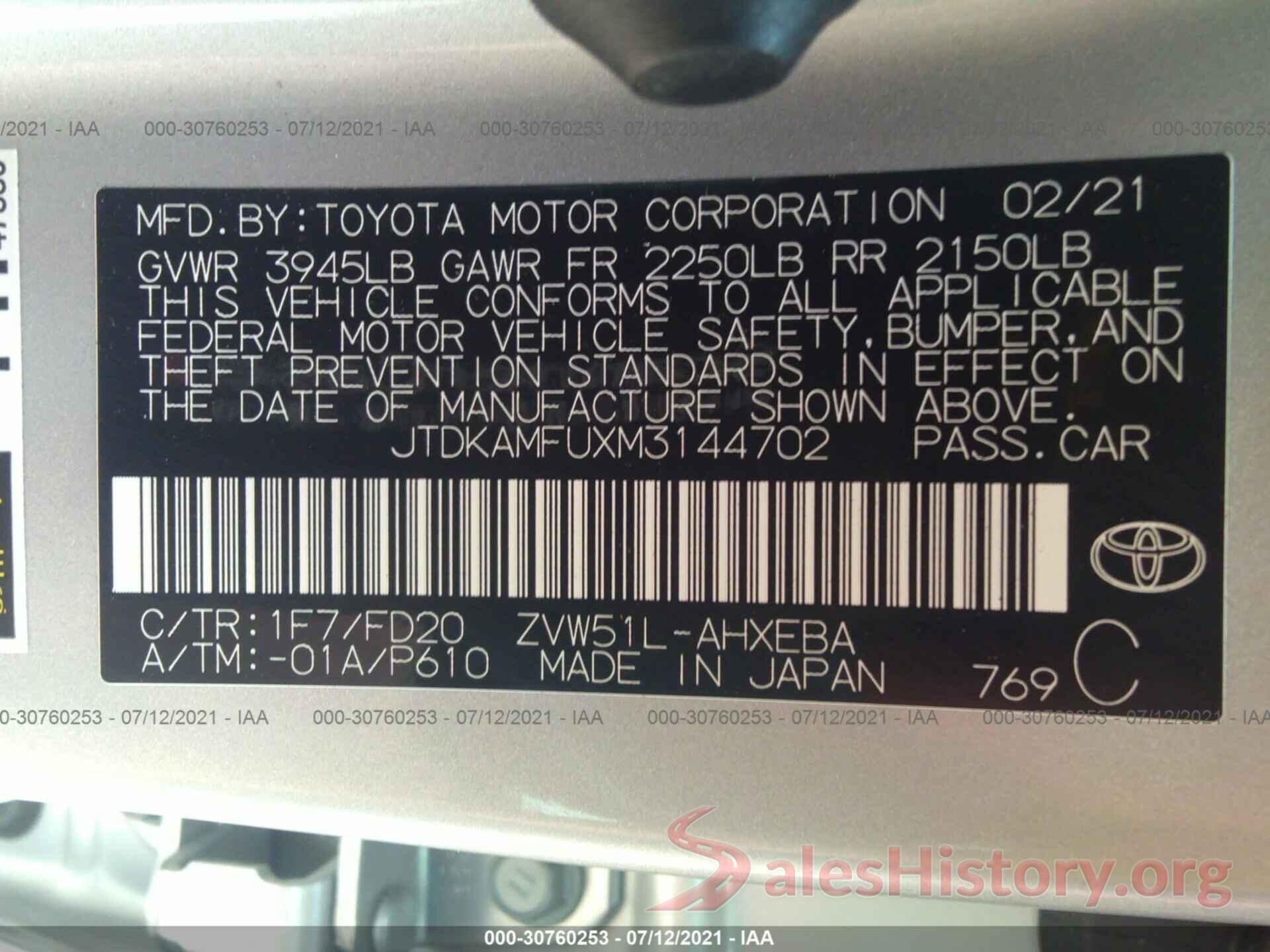 JTDKAMFUXM3144702 2021 TOYOTA PRIUS