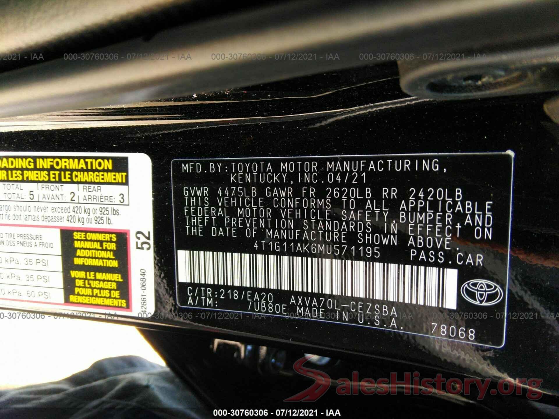 4T1G11AK6MU571195 2021 TOYOTA CAMRY