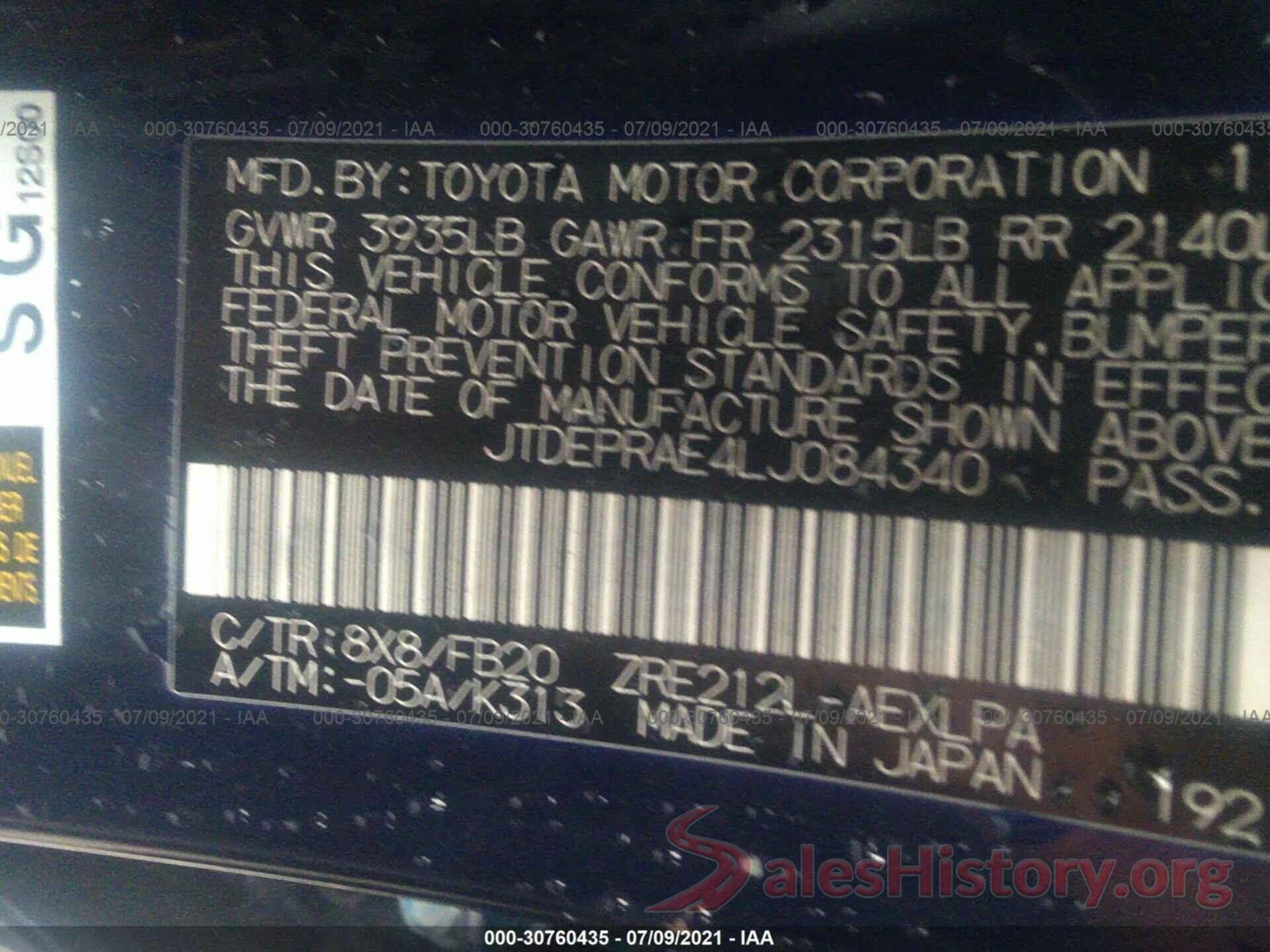 JTDEPRAE4LJ084340 2020 TOYOTA COROLLA