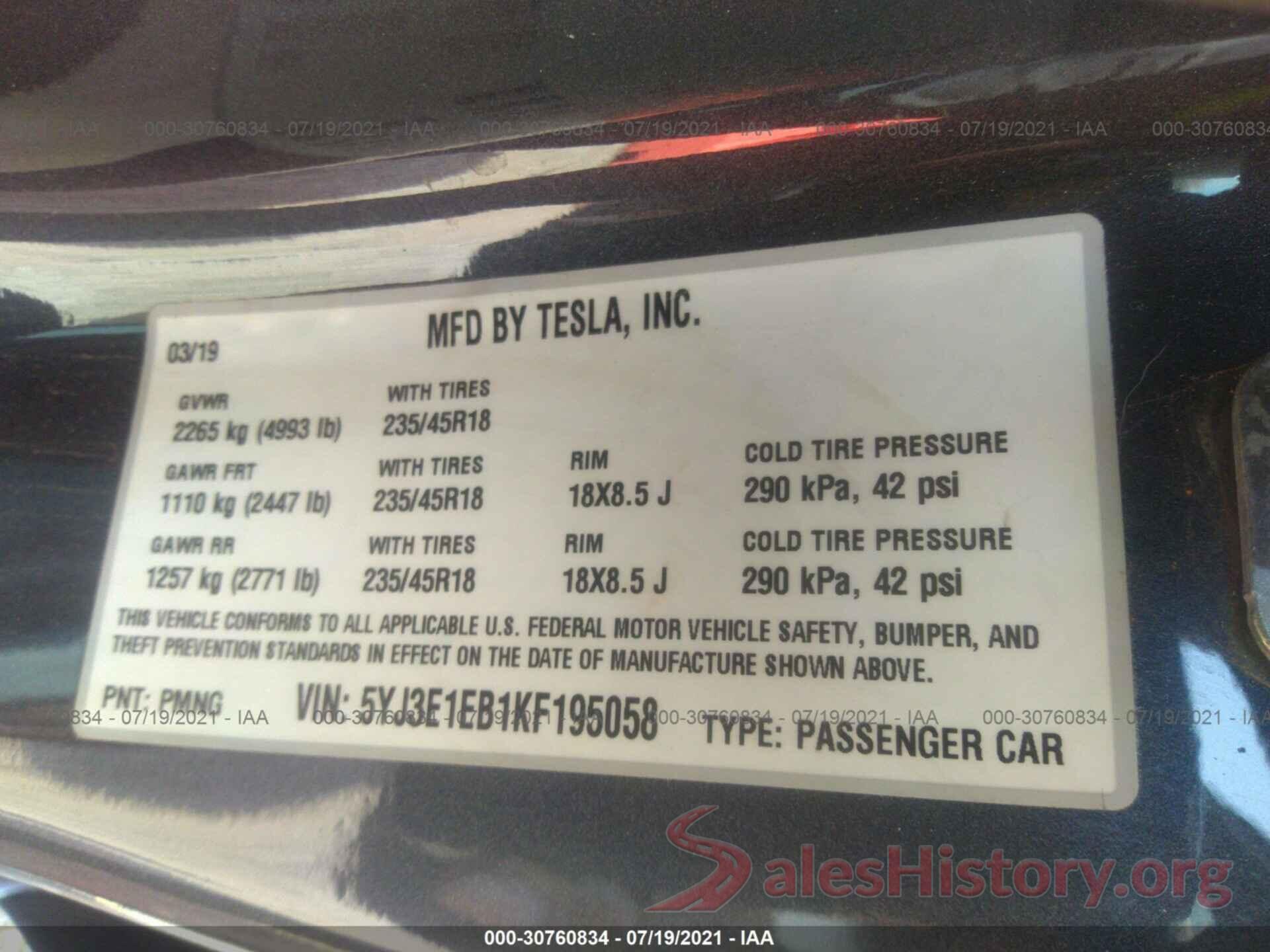 5YJ3E1EB1KF195058 2019 TESLA MODEL 3