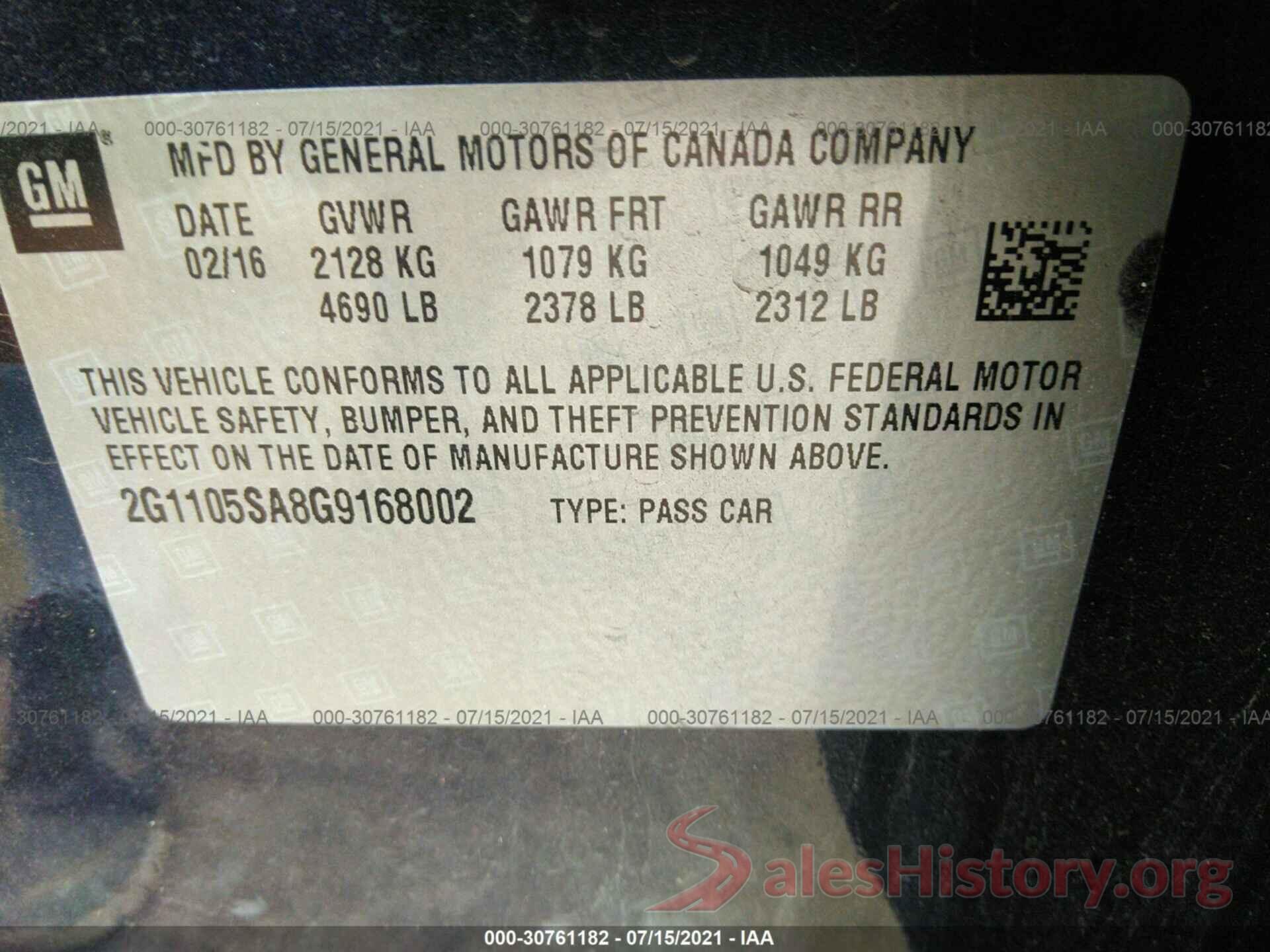 2G1105SA8G9168002 2016 CHEVROLET IMPALA