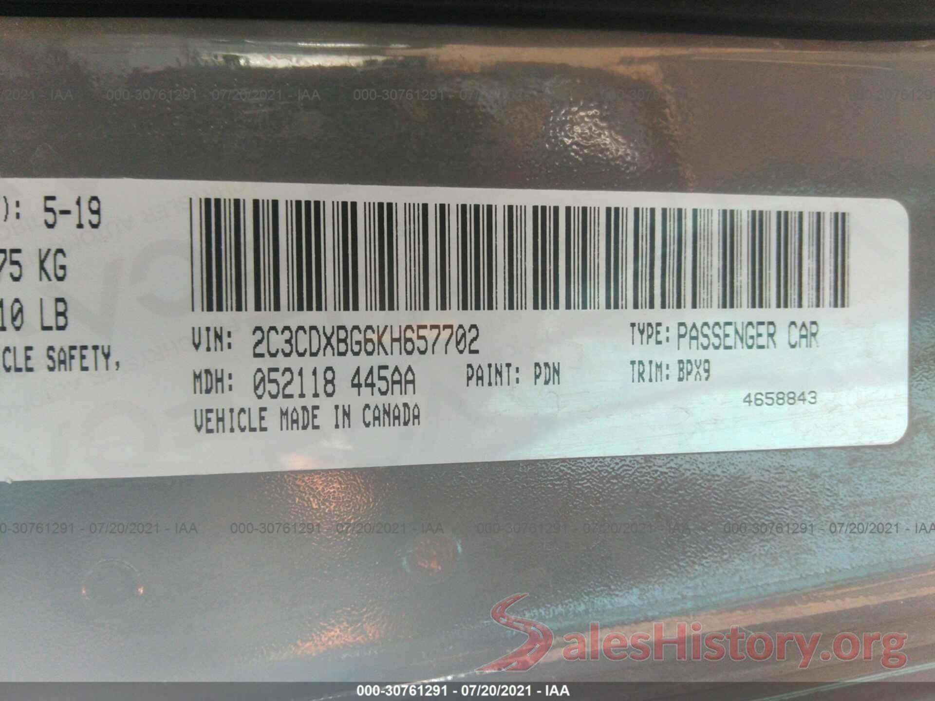 2C3CDXBG6KH657702 2019 DODGE CHARGER