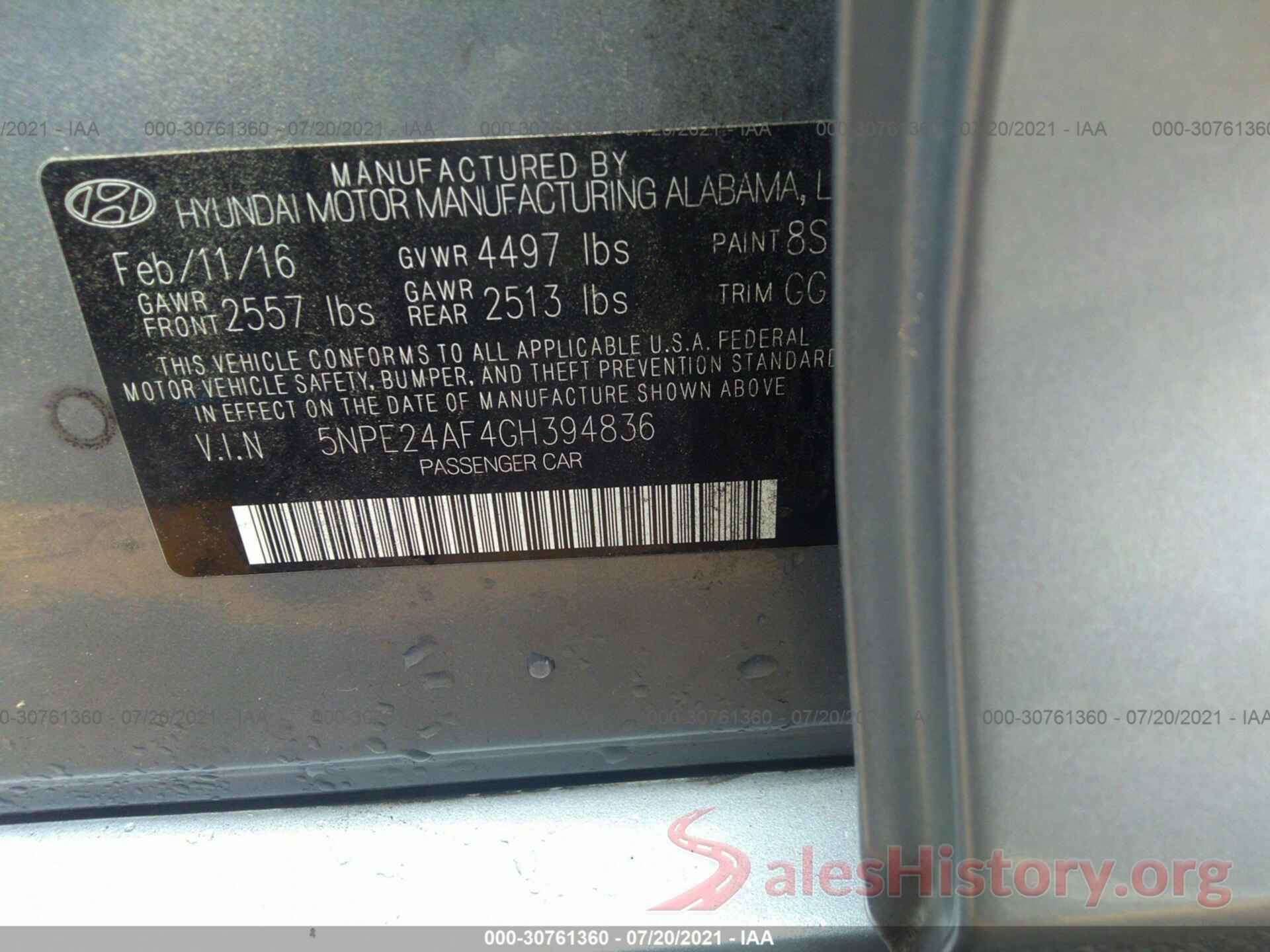 5NPE24AF4GH394836 2016 HYUNDAI SONATA