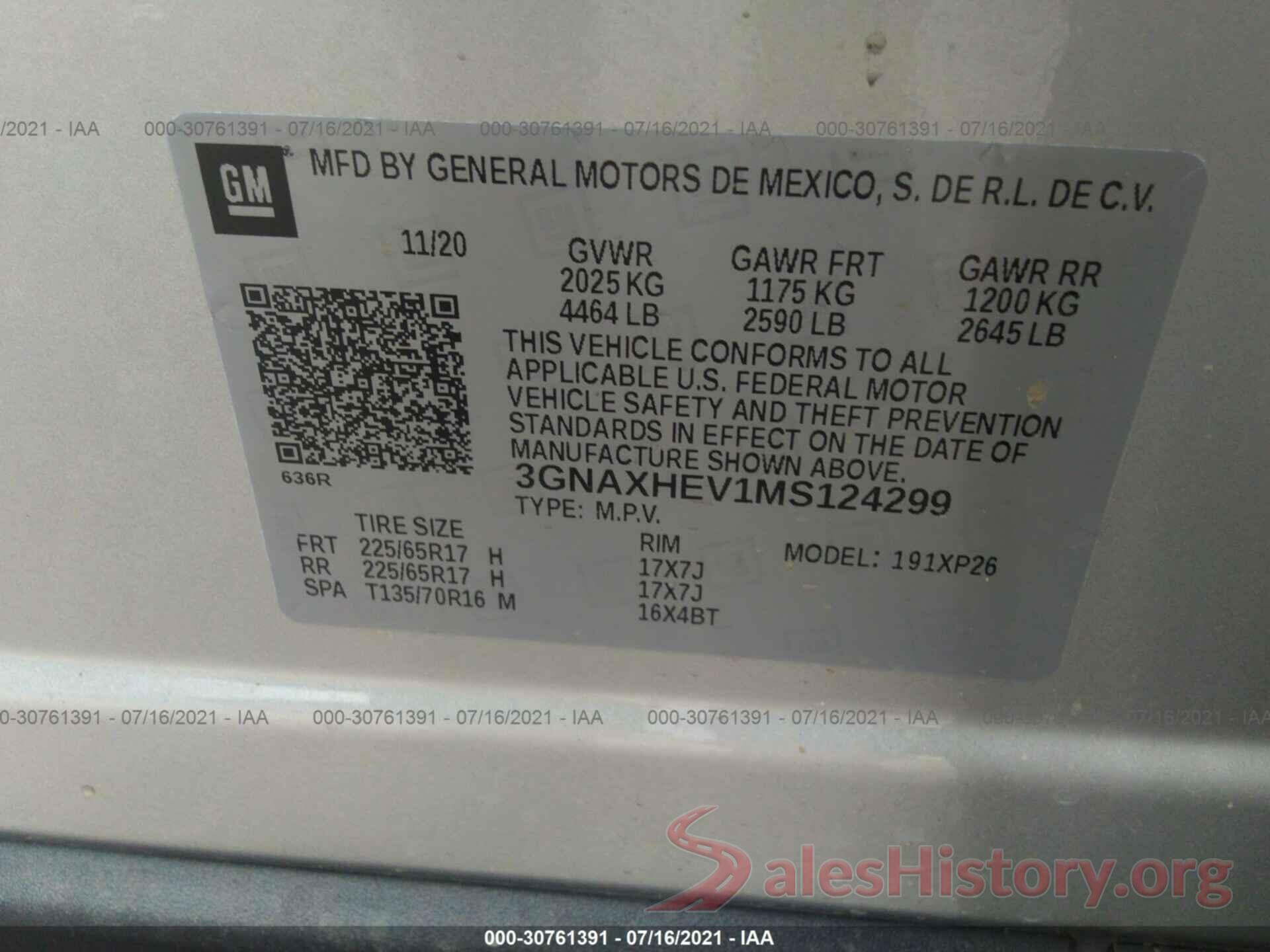 3GNAXHEV1MS124299 2021 CHEVROLET EQUINOX