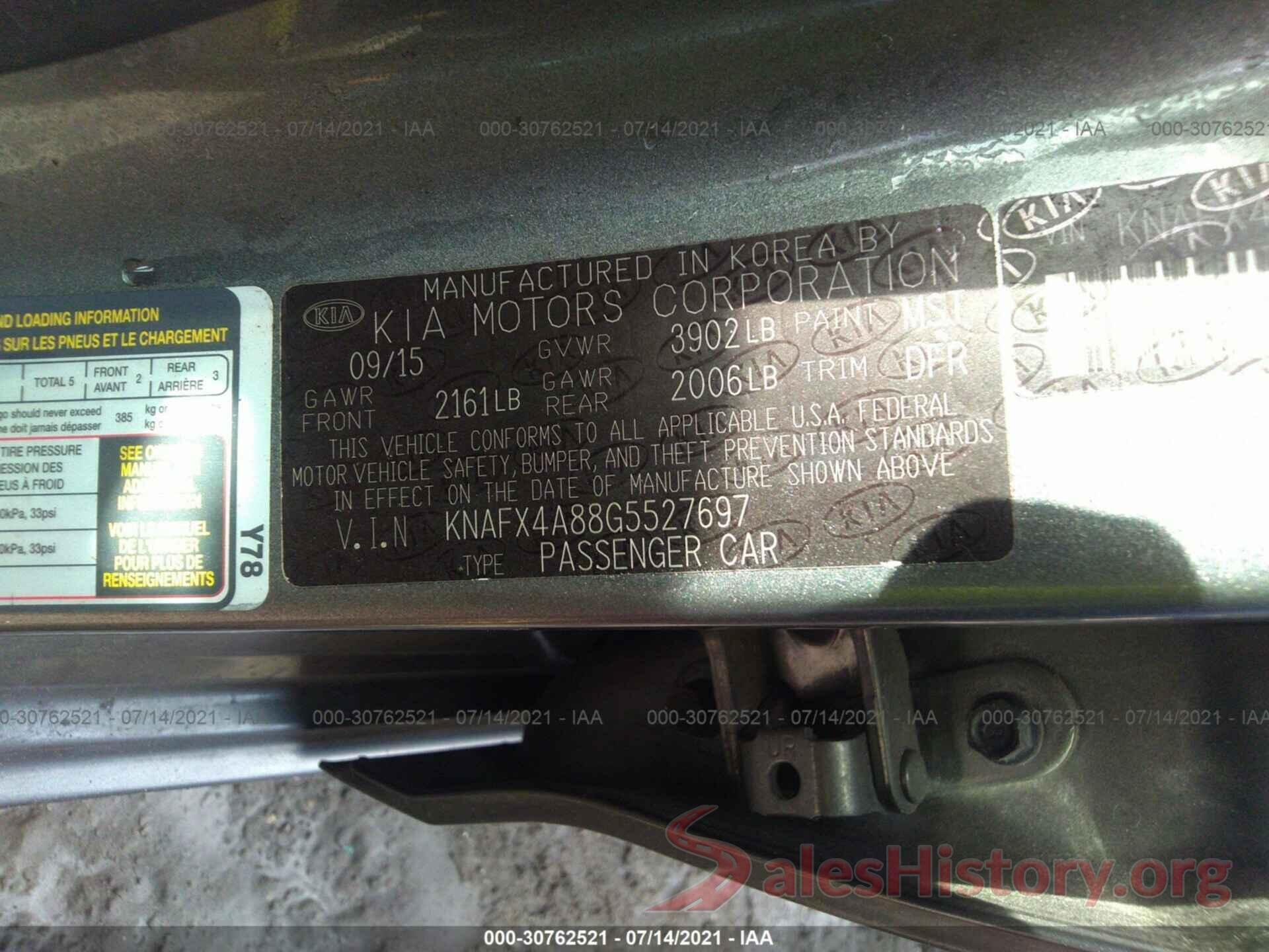 KNAFX4A88G5527697 2016 KIA FORTE