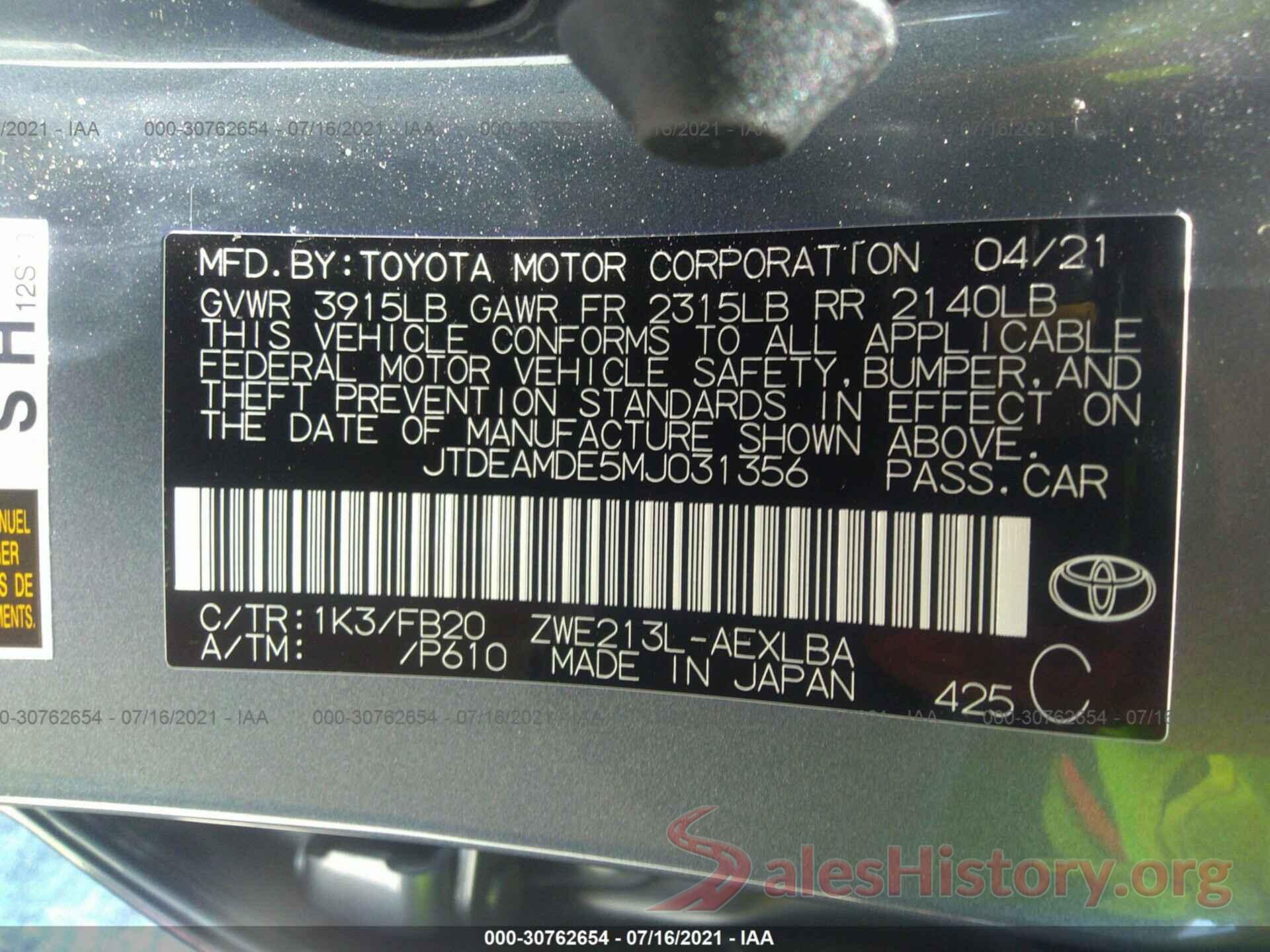 JTDEAMDE5MJ031356 2021 TOYOTA COROLLA