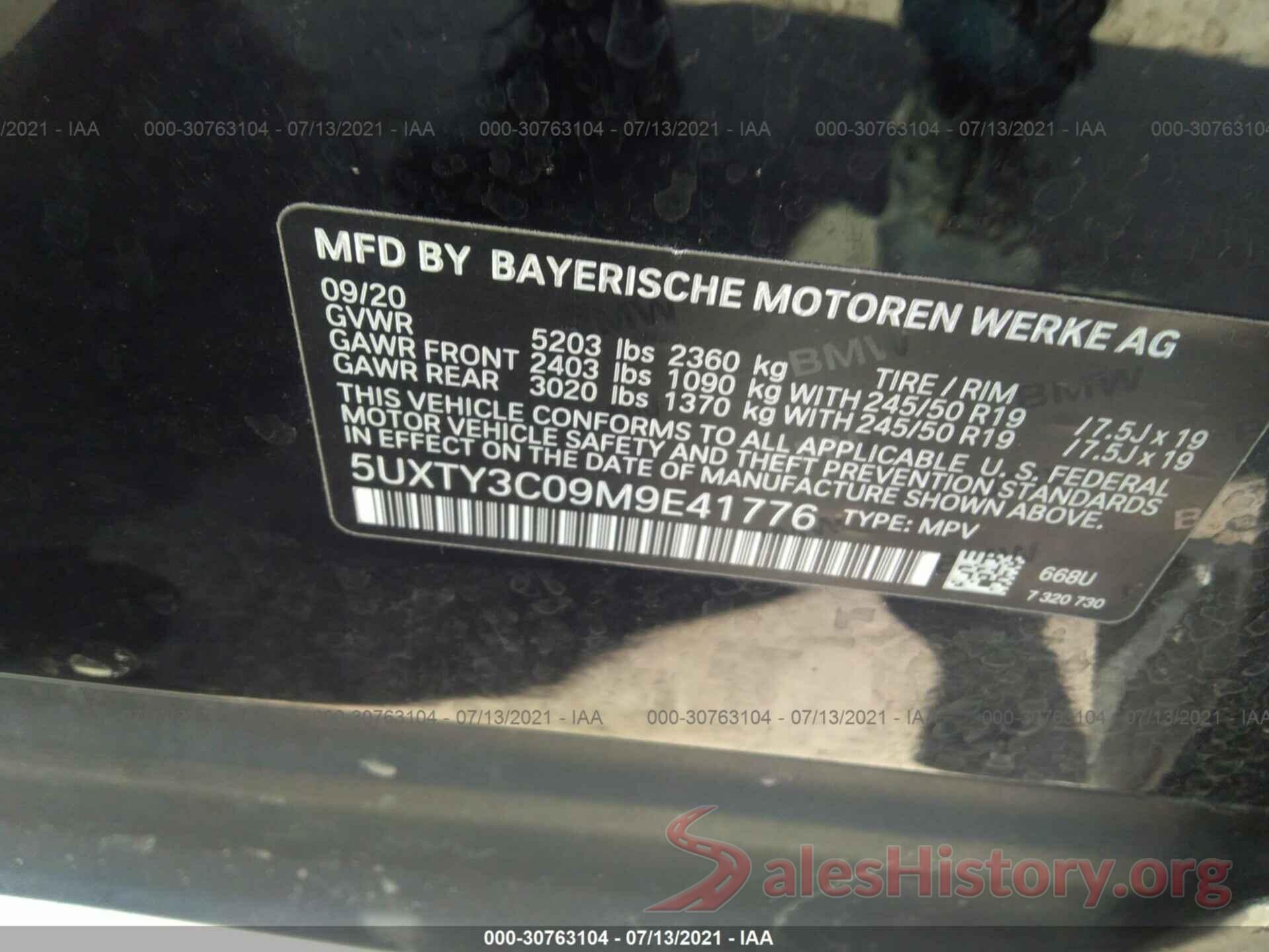 5UXTY3C09M9E41776 2021 BMW X3