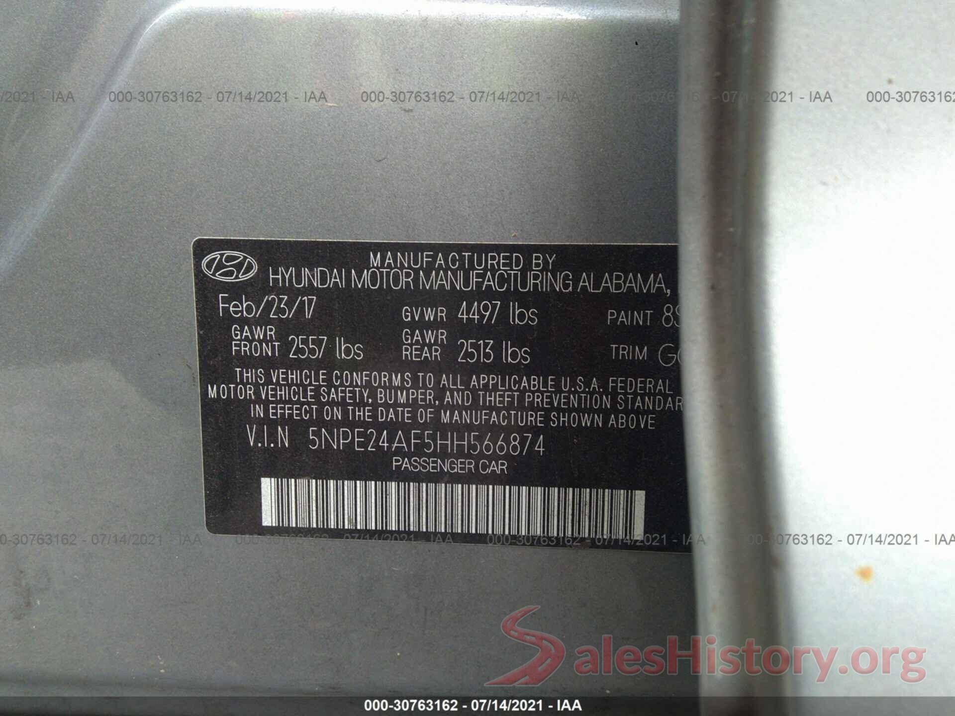 5NPE24AF5HH566874 2017 HYUNDAI SONATA