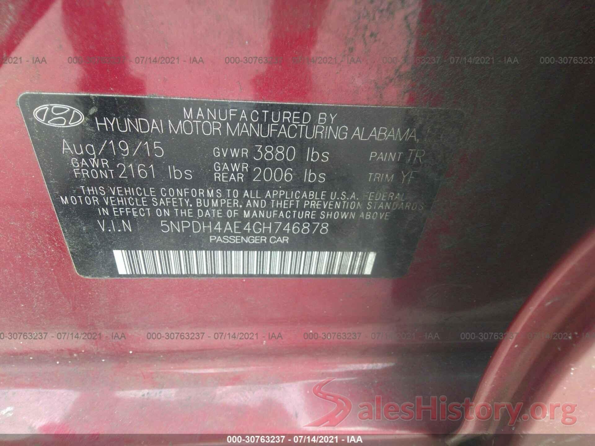 5NPDH4AE4GH746878 2016 HYUNDAI ELANTRA