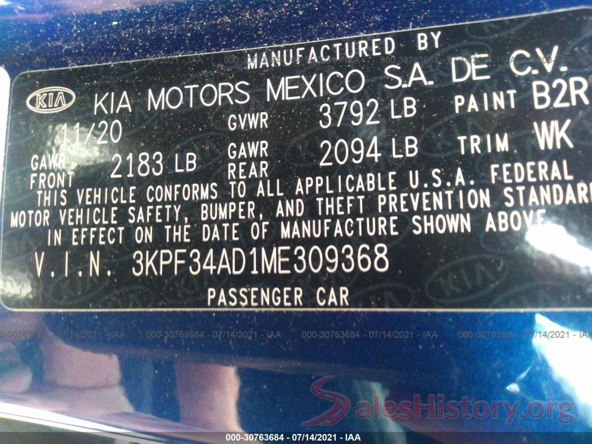 3KPF34AD1ME309368 2021 KIA FORTE