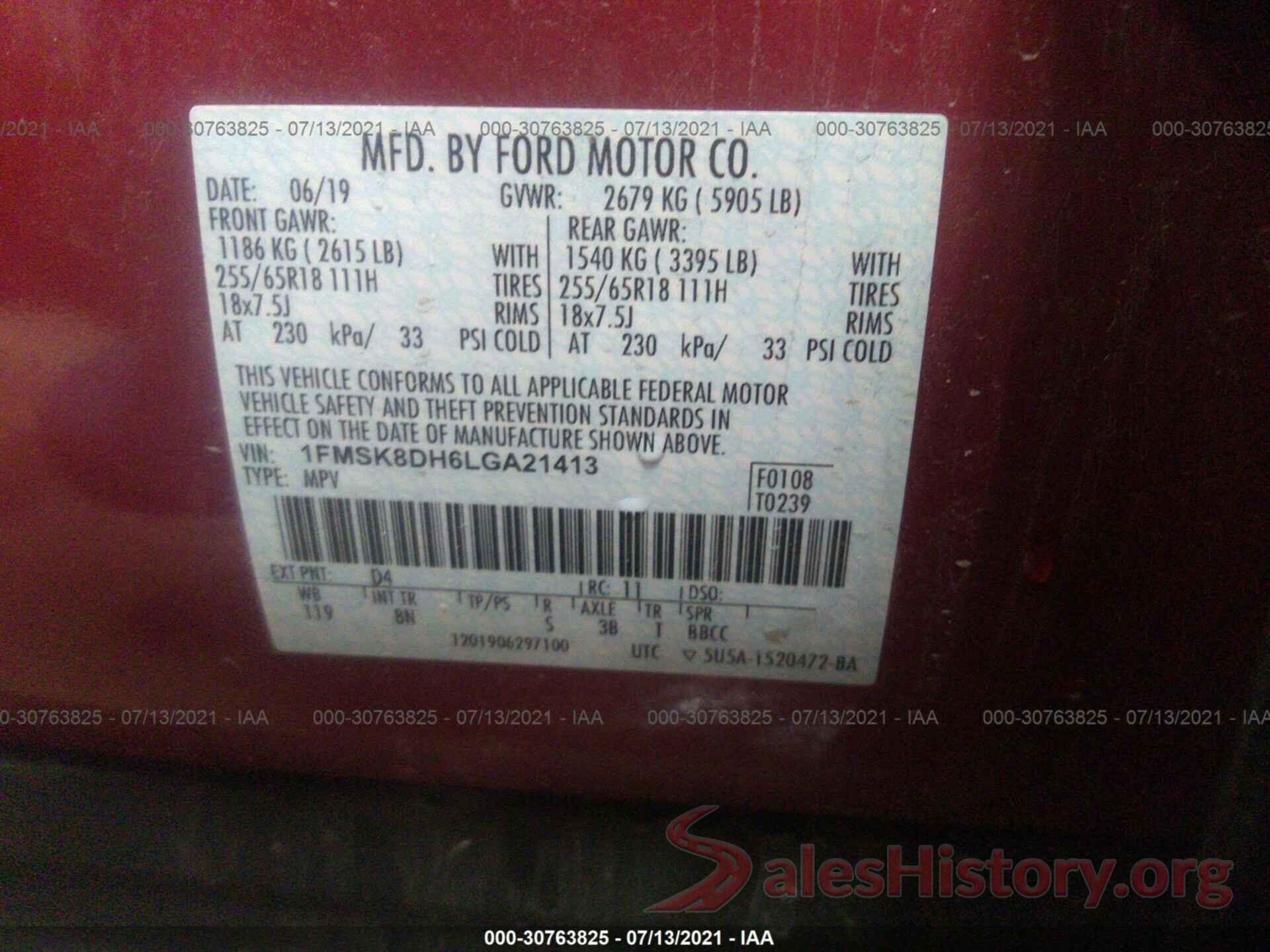 1FMSK8DH6LGA21413 2020 FORD EXPLORER