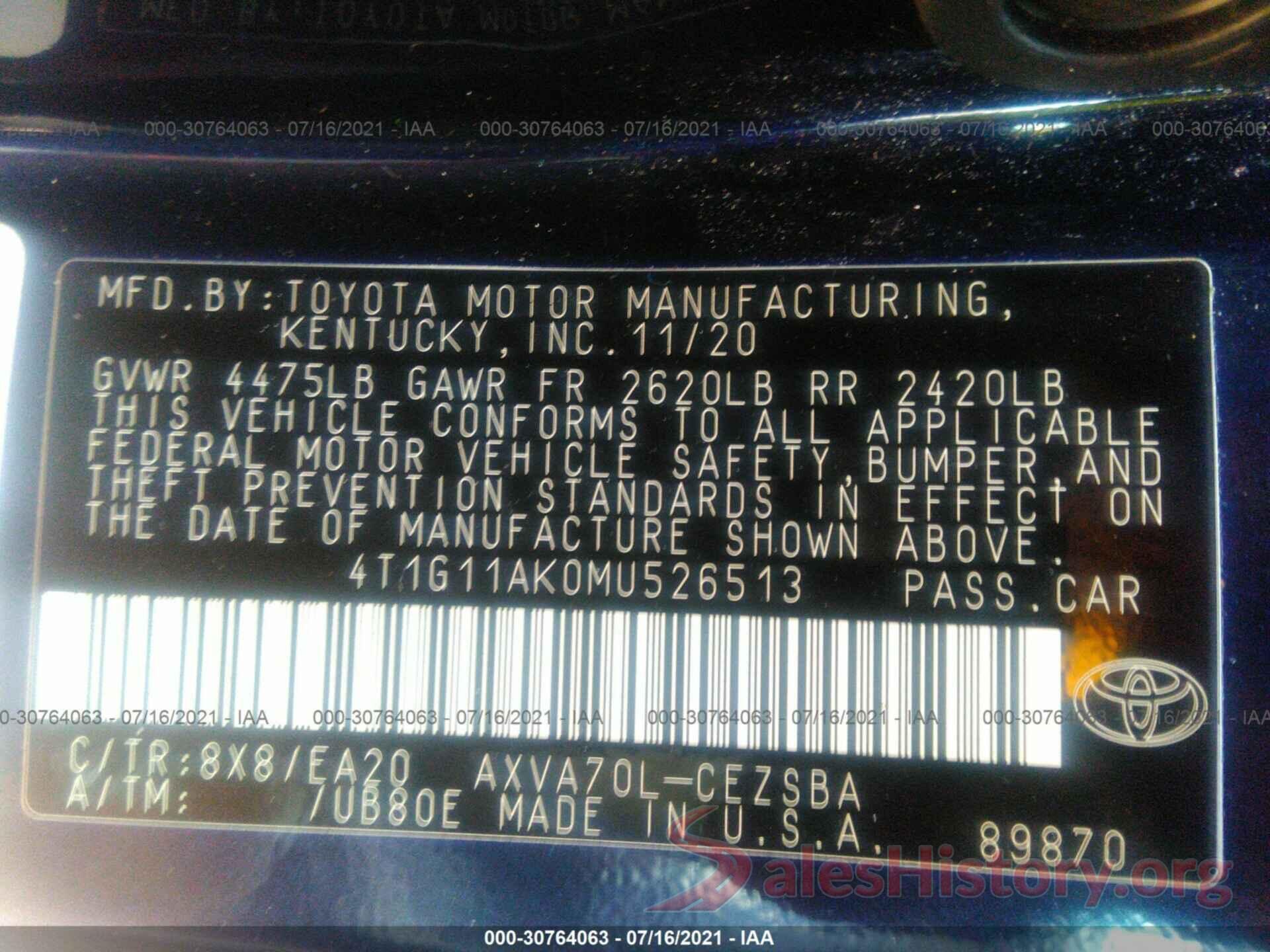 4T1G11AK0MU526513 2021 TOYOTA CAMRY