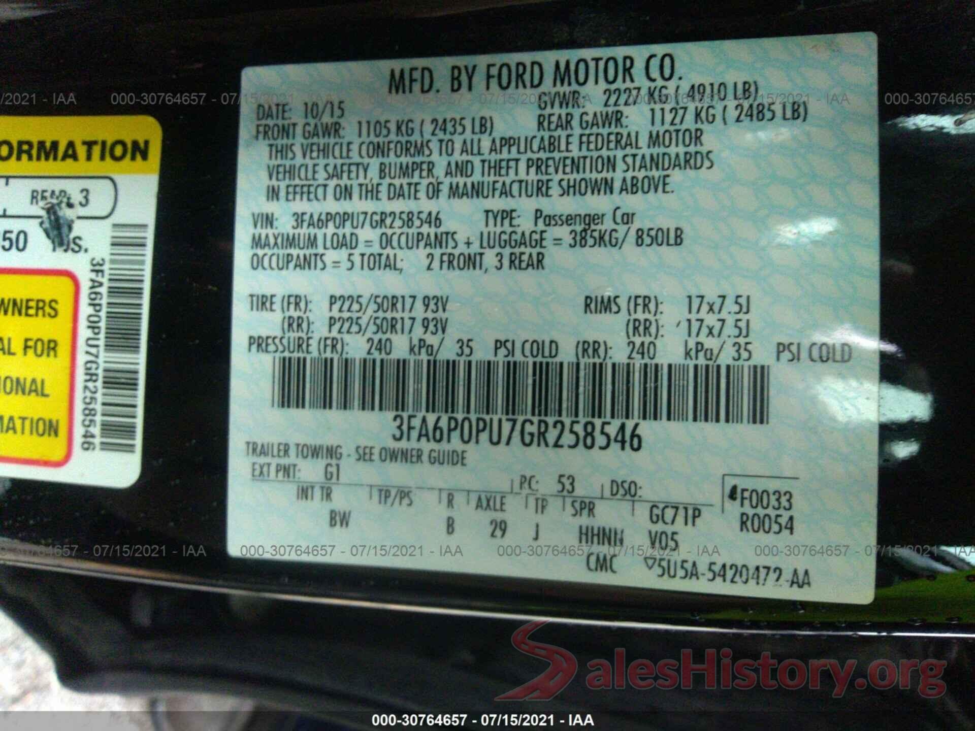 3FA6P0PU7GR258546 2016 FORD FUSION ENERGI