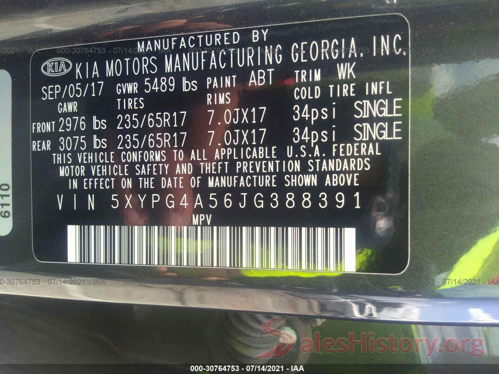 5XYPG4A56JG388391 2018 KIA SORENTO