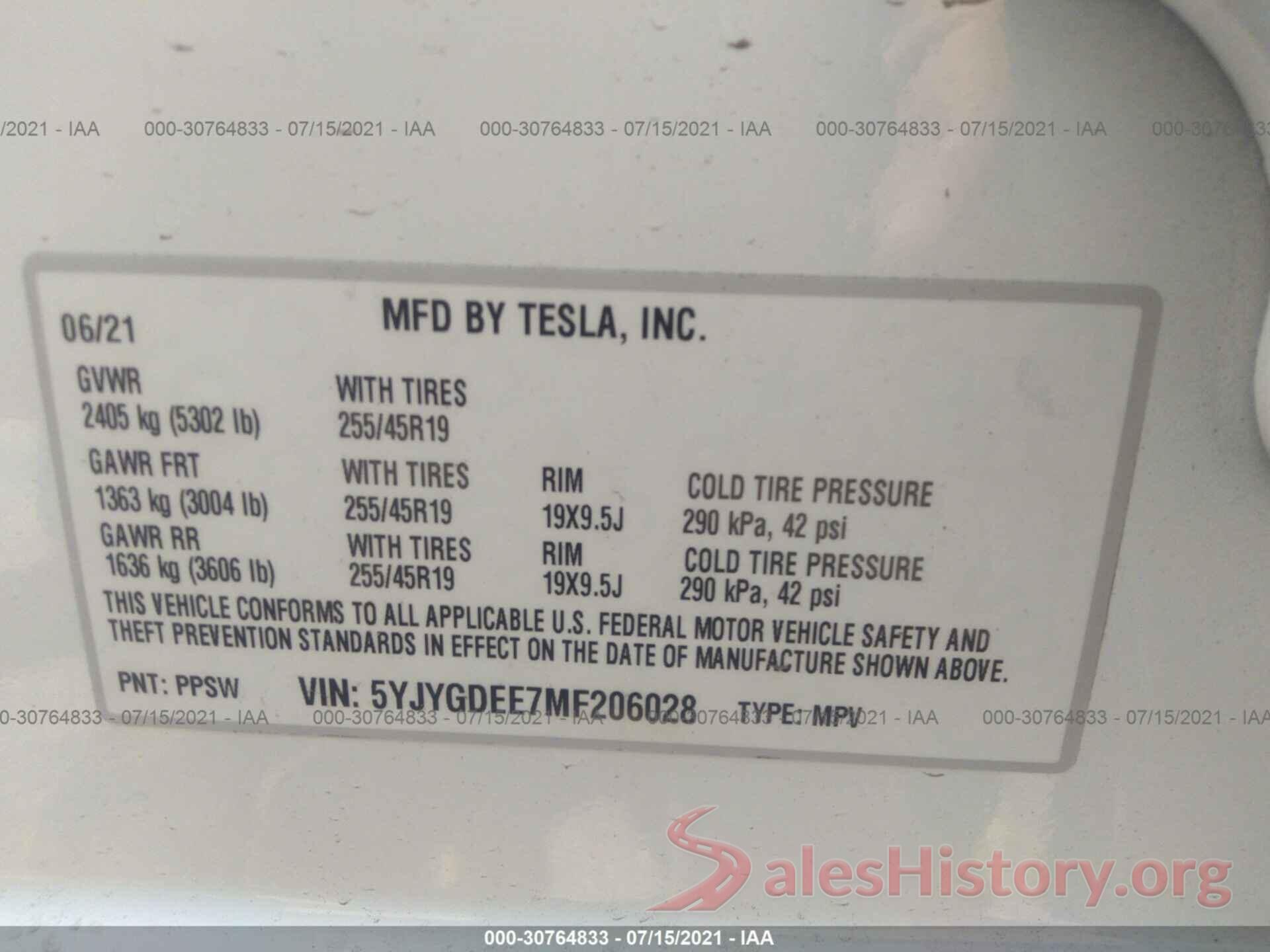 5YJYGDEE7MF206028 2021 TESLA MODEL Y