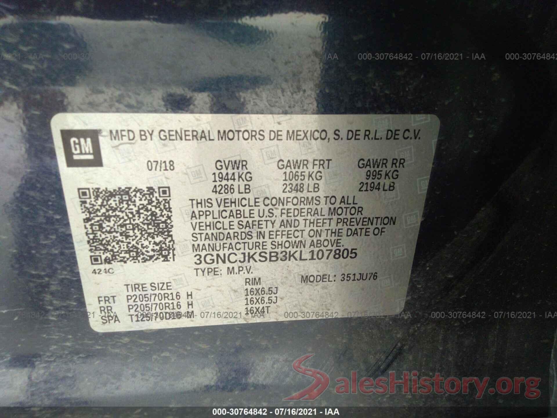 3GNCJKSB3KL107805 2019 CHEVROLET TRAX