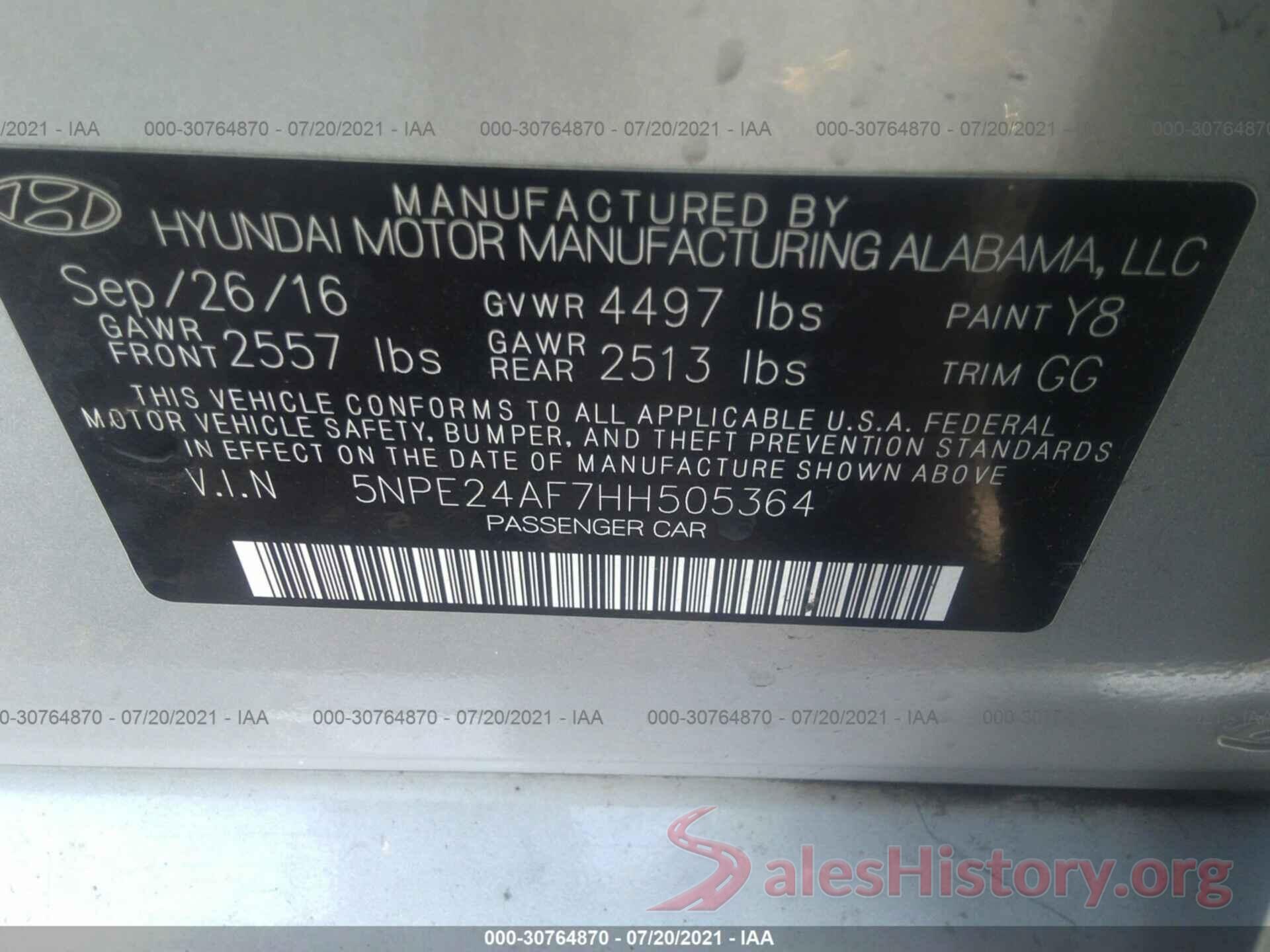 5NPE24AF7HH505364 2017 HYUNDAI SONATA