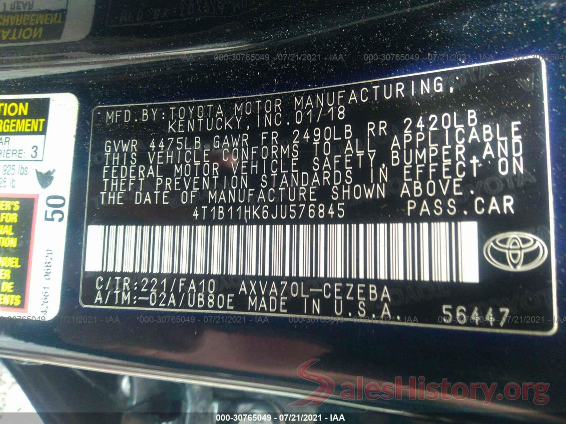 4T1B11HK6JU576845 2018 TOYOTA CAMRY