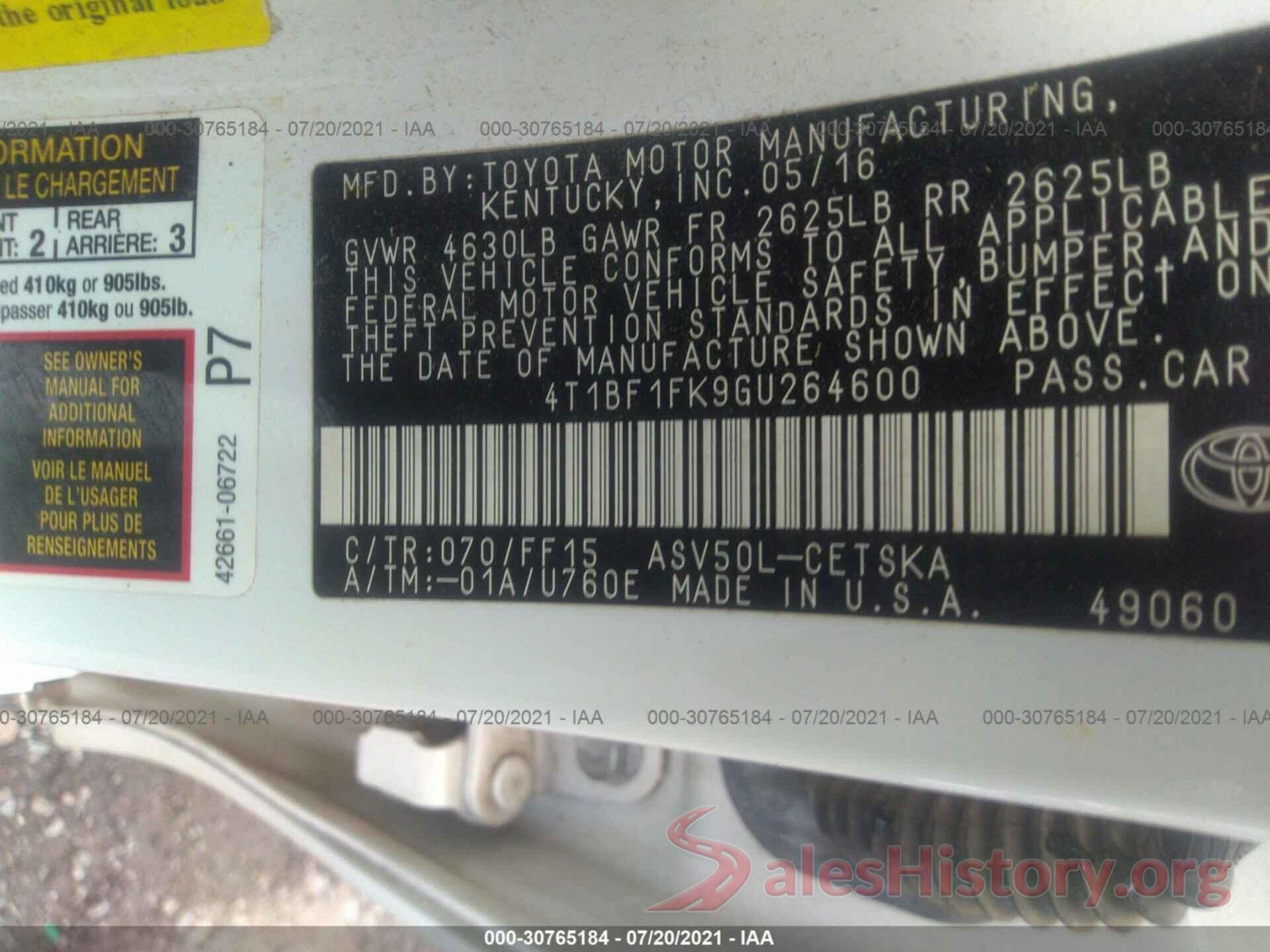 4T1BF1FK9GU264600 2016 TOYOTA CAMRY