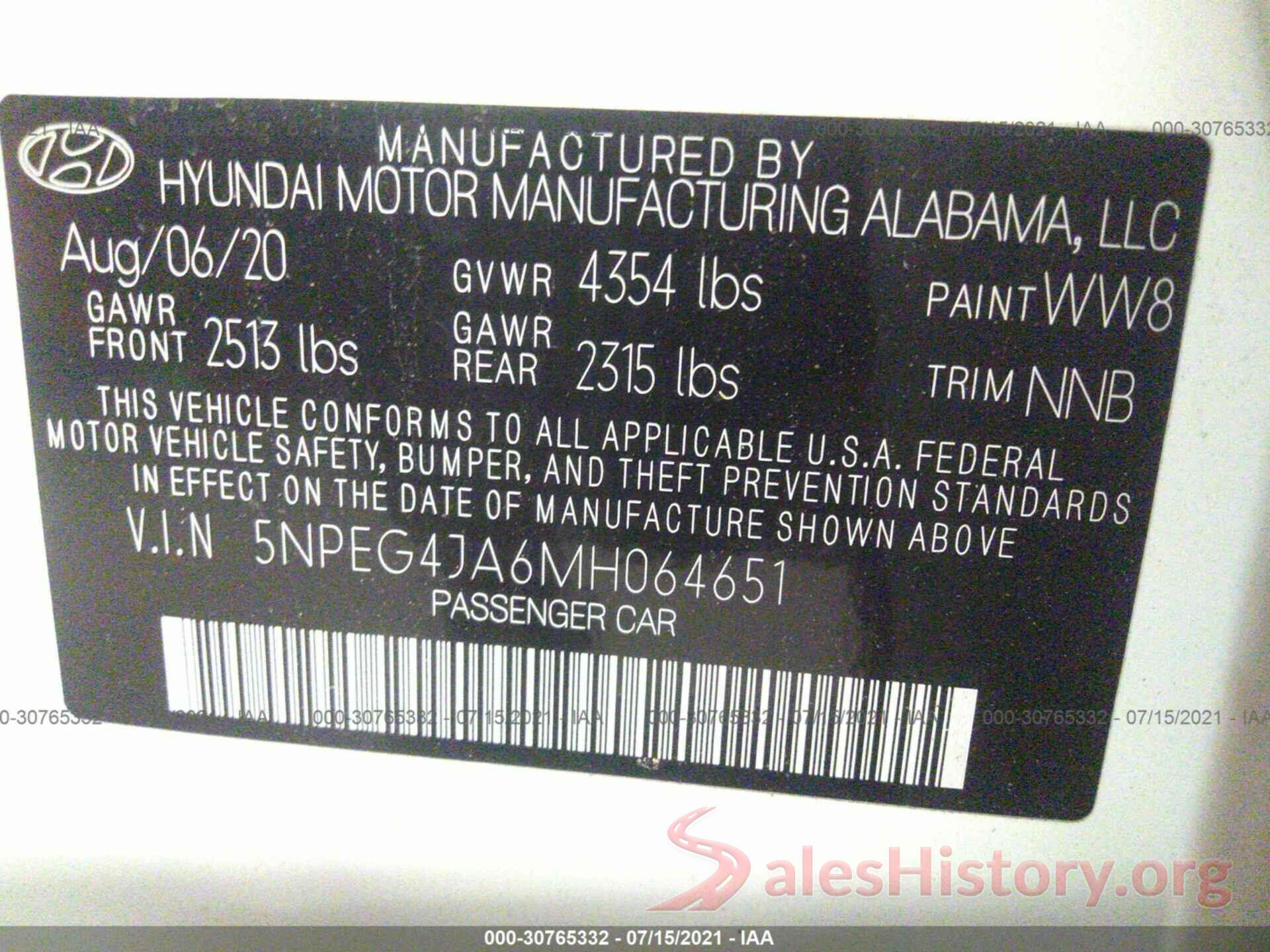 5NPEG4JA6MH064651 2021 HYUNDAI SONATA