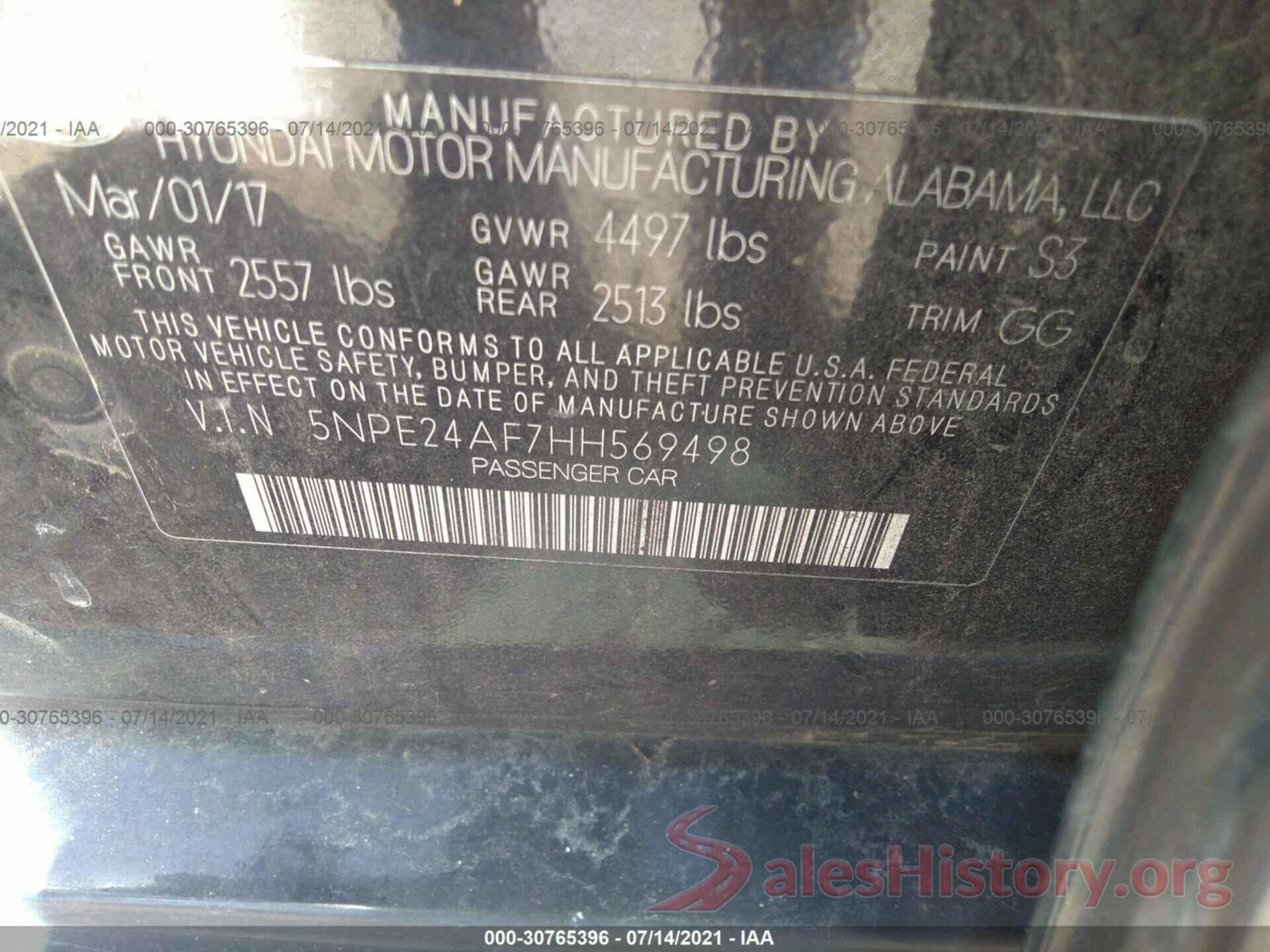 5NPE24AF7HH569498 2017 HYUNDAI SONATA