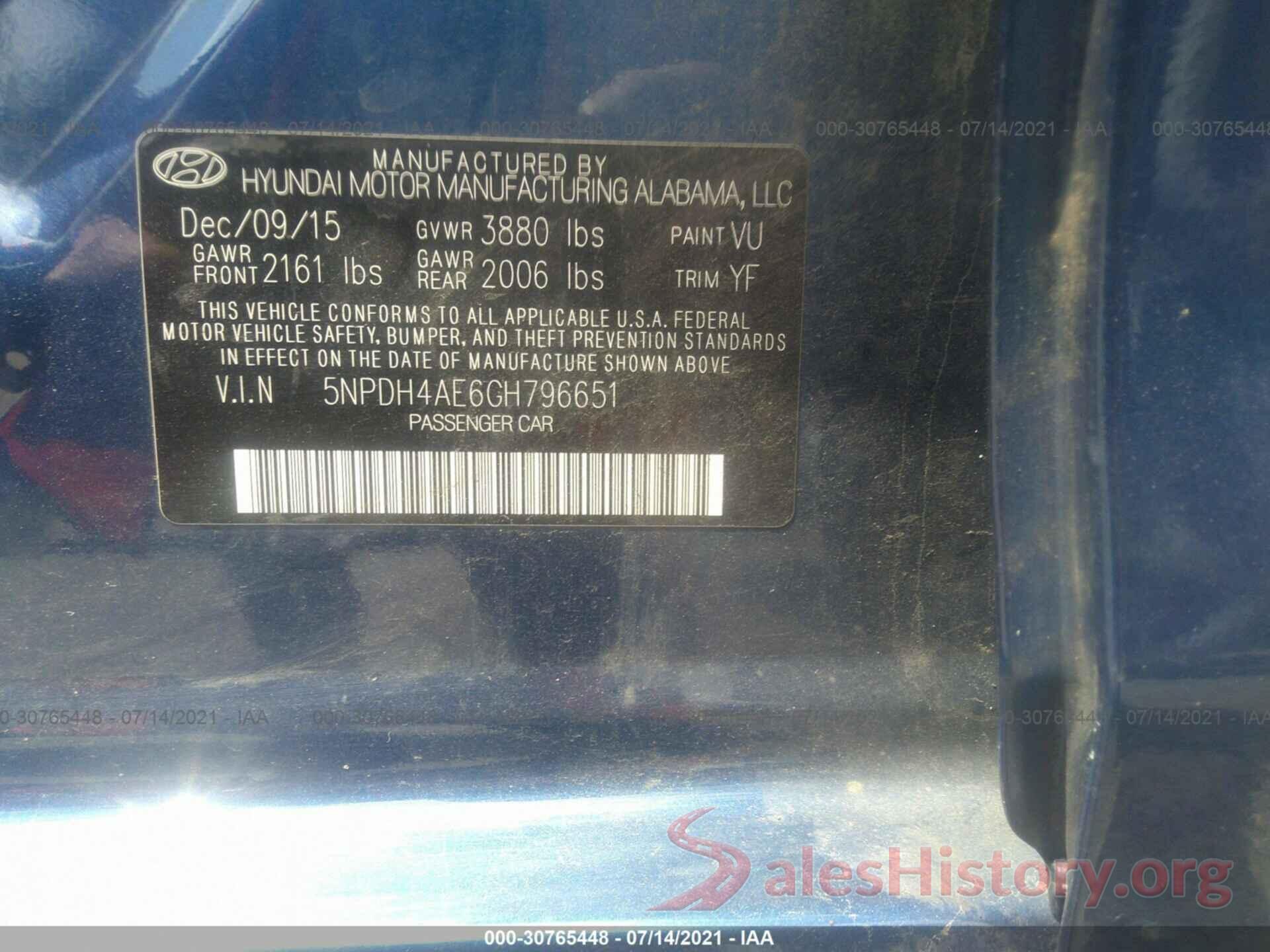 5NPDH4AE6GH796651 2016 HYUNDAI ELANTRA