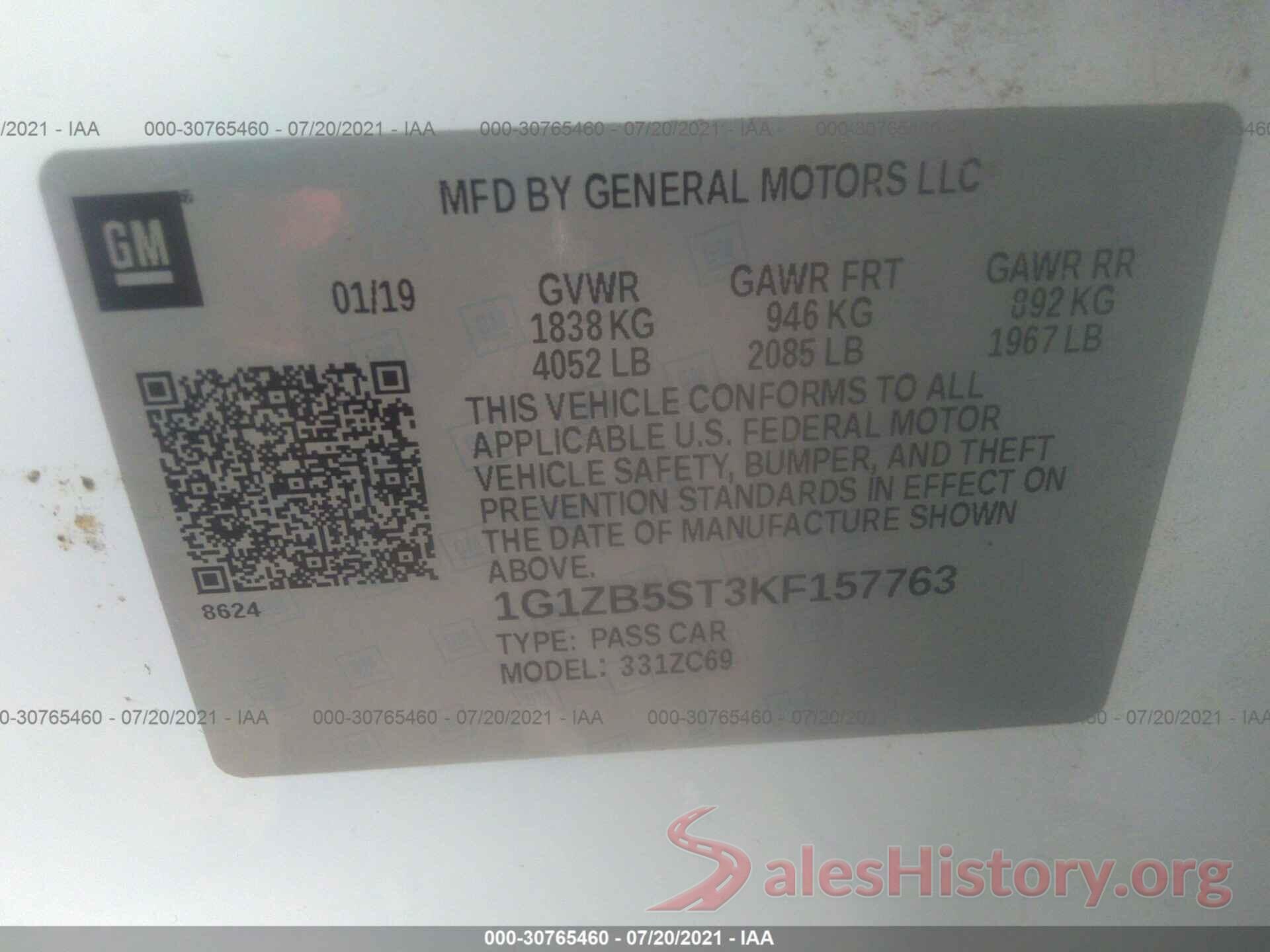 1G1ZB5ST3KF157763 2019 CHEVROLET MALIBU