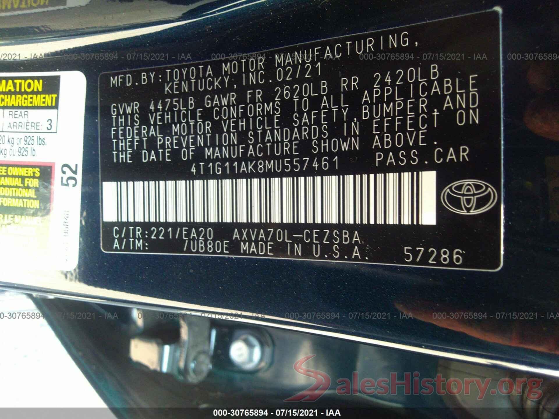 4T1G11AK8MU557461 2021 TOYOTA CAMRY