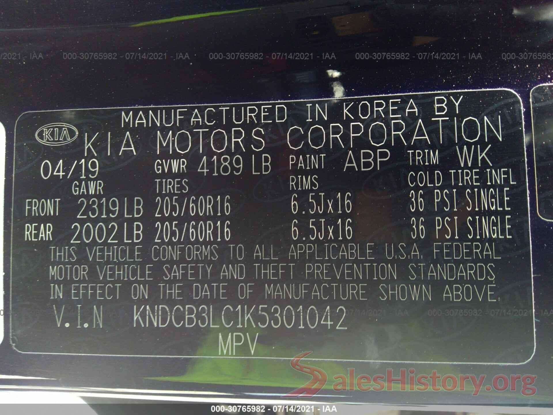 KNDCB3LC1K5301042 2019 KIA NIRO