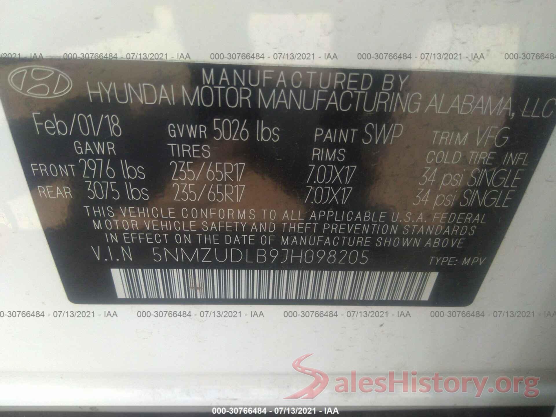 5NMZUDLB9JH098205 2018 HYUNDAI SANTA FE SPORT