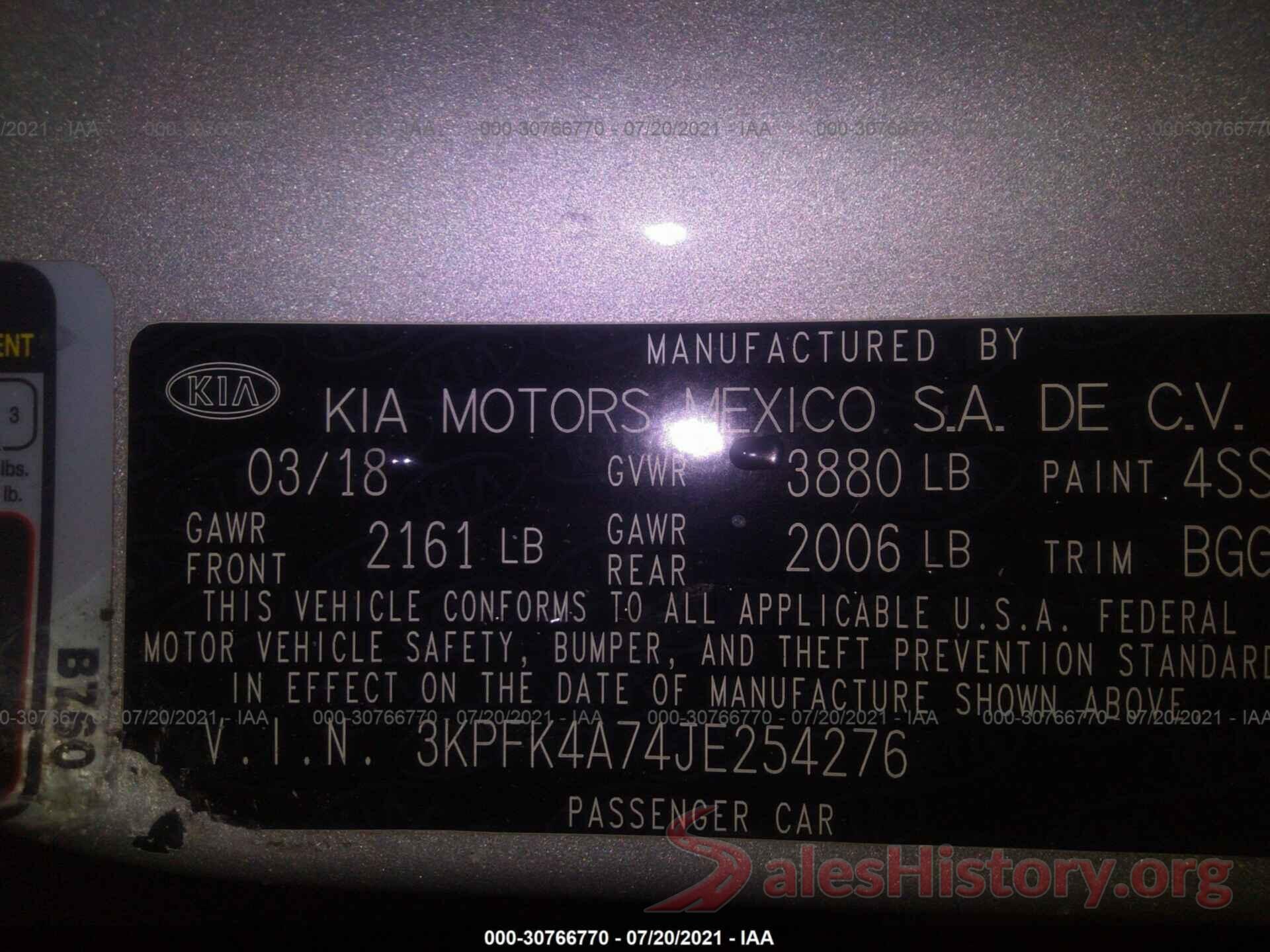 3KPFK4A74JE254276 2018 KIA FORTE