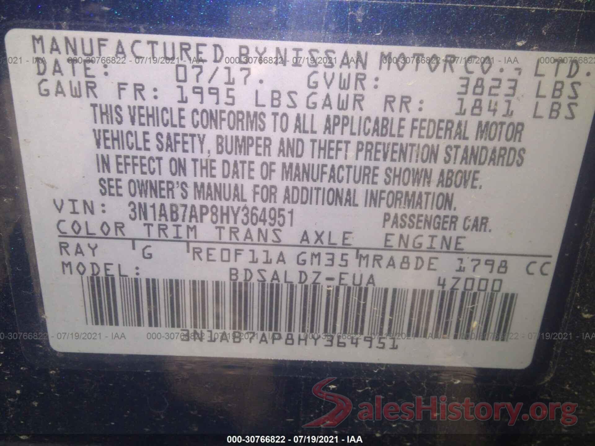 3N1AB7AP8HY364951 2017 NISSAN SENTRA