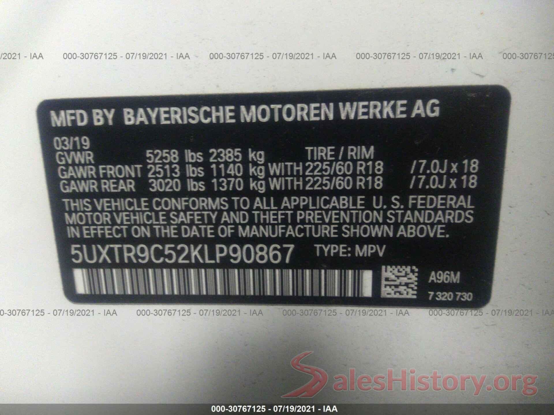 5UXTR9C52KLP90867 2019 BMW X3