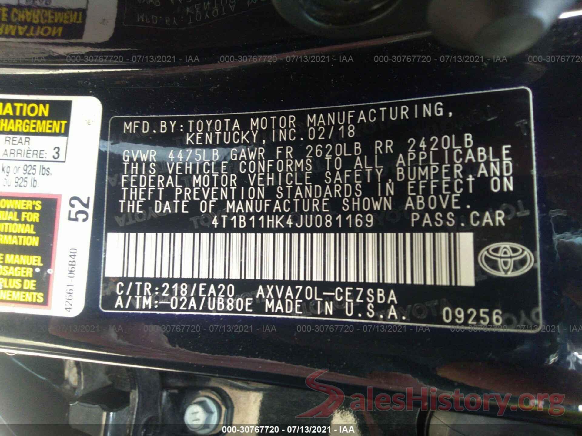 4T1B11HK4JU081169 2018 TOYOTA CAMRY