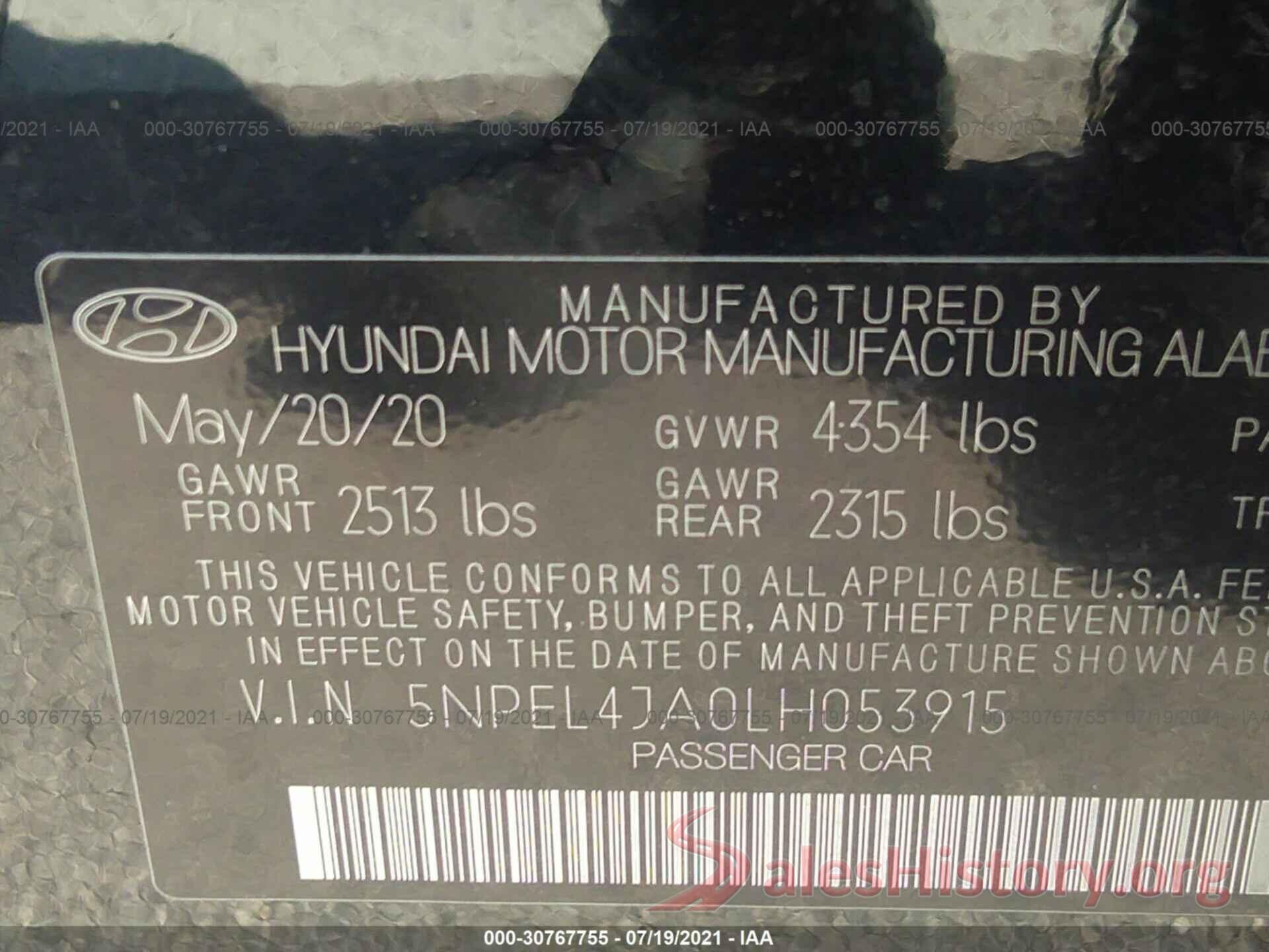 5NPEL4JA0LH053915 2020 HYUNDAI SONATA