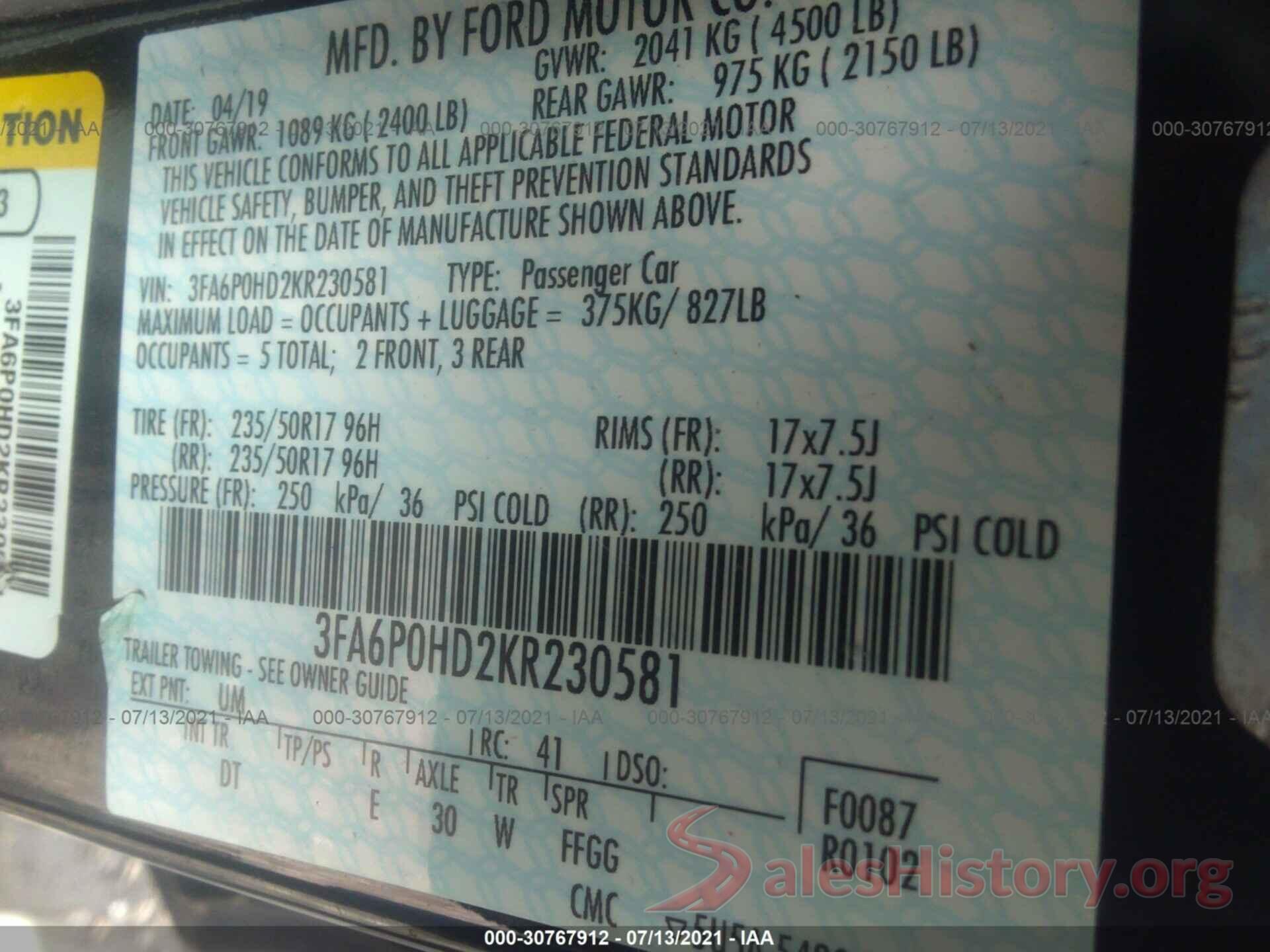 3FA6P0HD2KR230581 2019 FORD FUSION