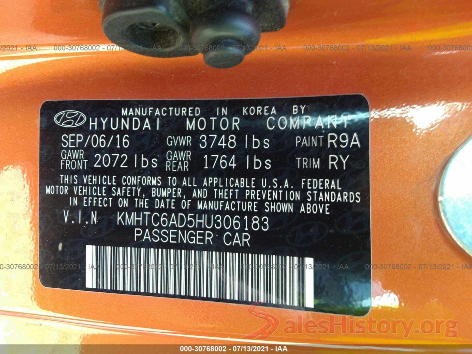 KMHTC6AD5HU306183 2017 HYUNDAI VELOSTER