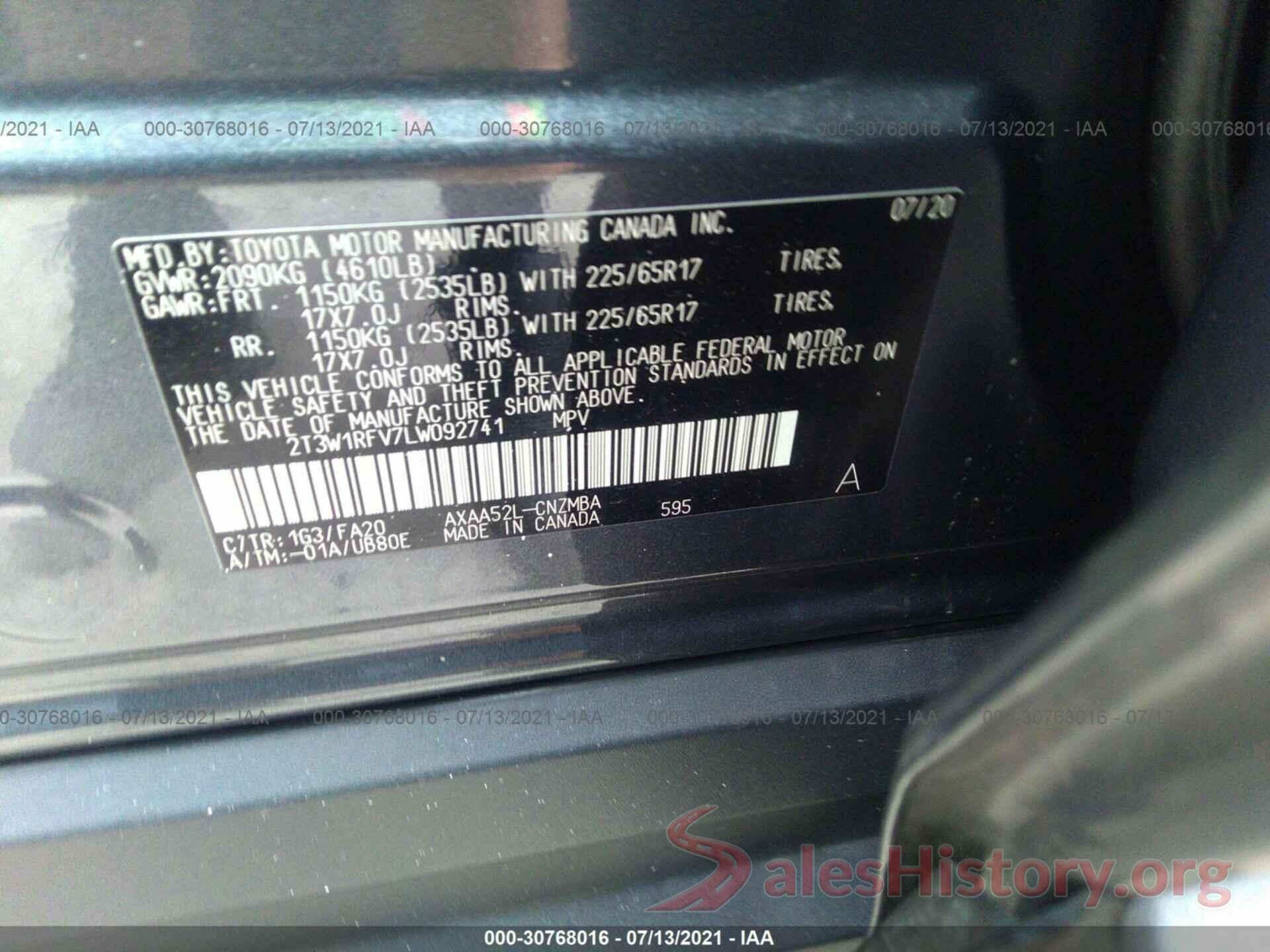 2T3W1RFV7LW092741 2020 TOYOTA RAV4