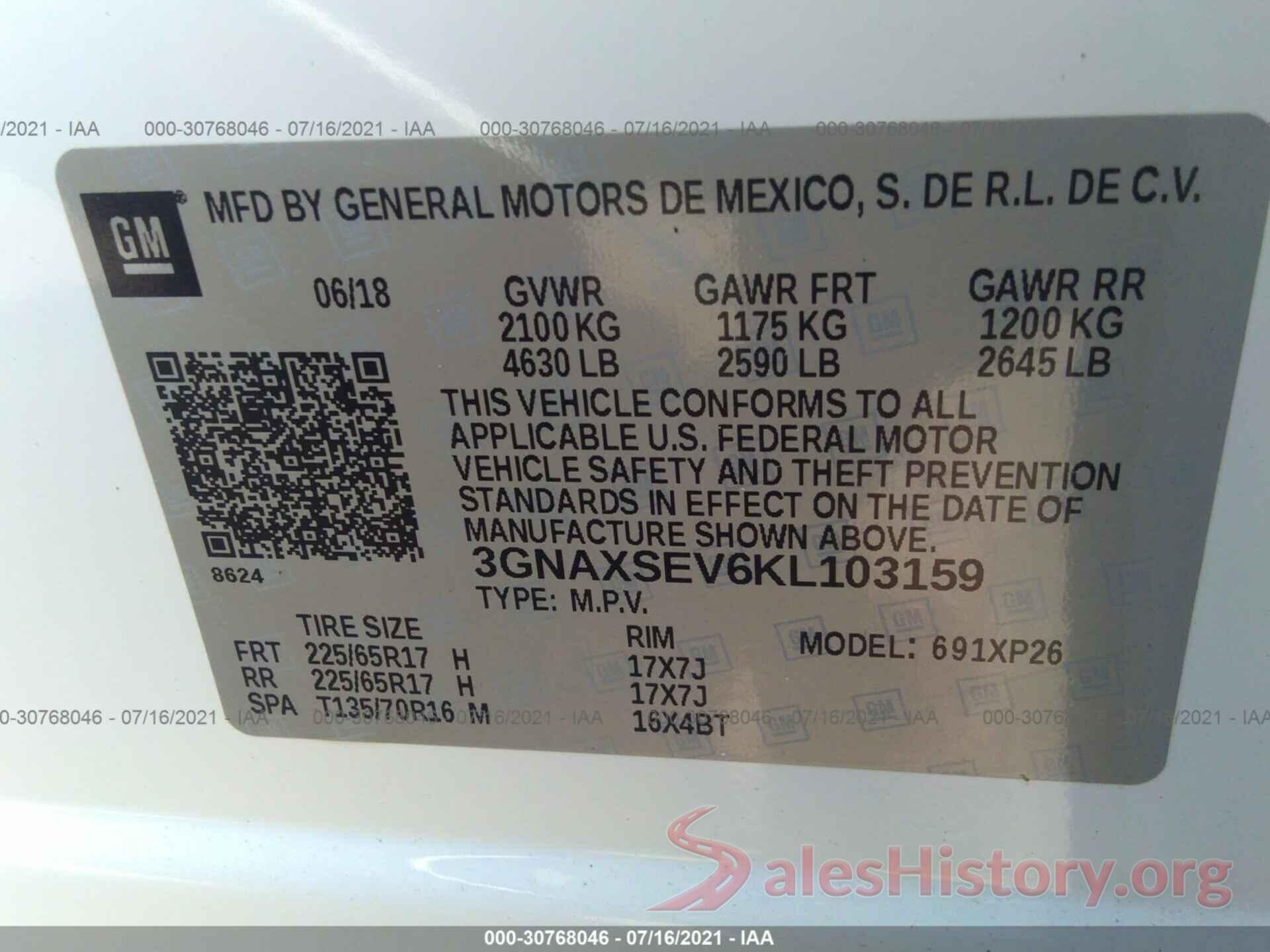 3GNAXSEV6KL103159 2019 CHEVROLET EQUINOX