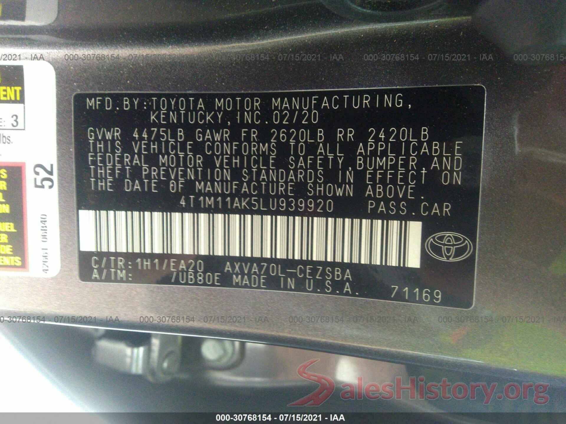 4T1M11AK5LU939920 2020 TOYOTA CAMRY