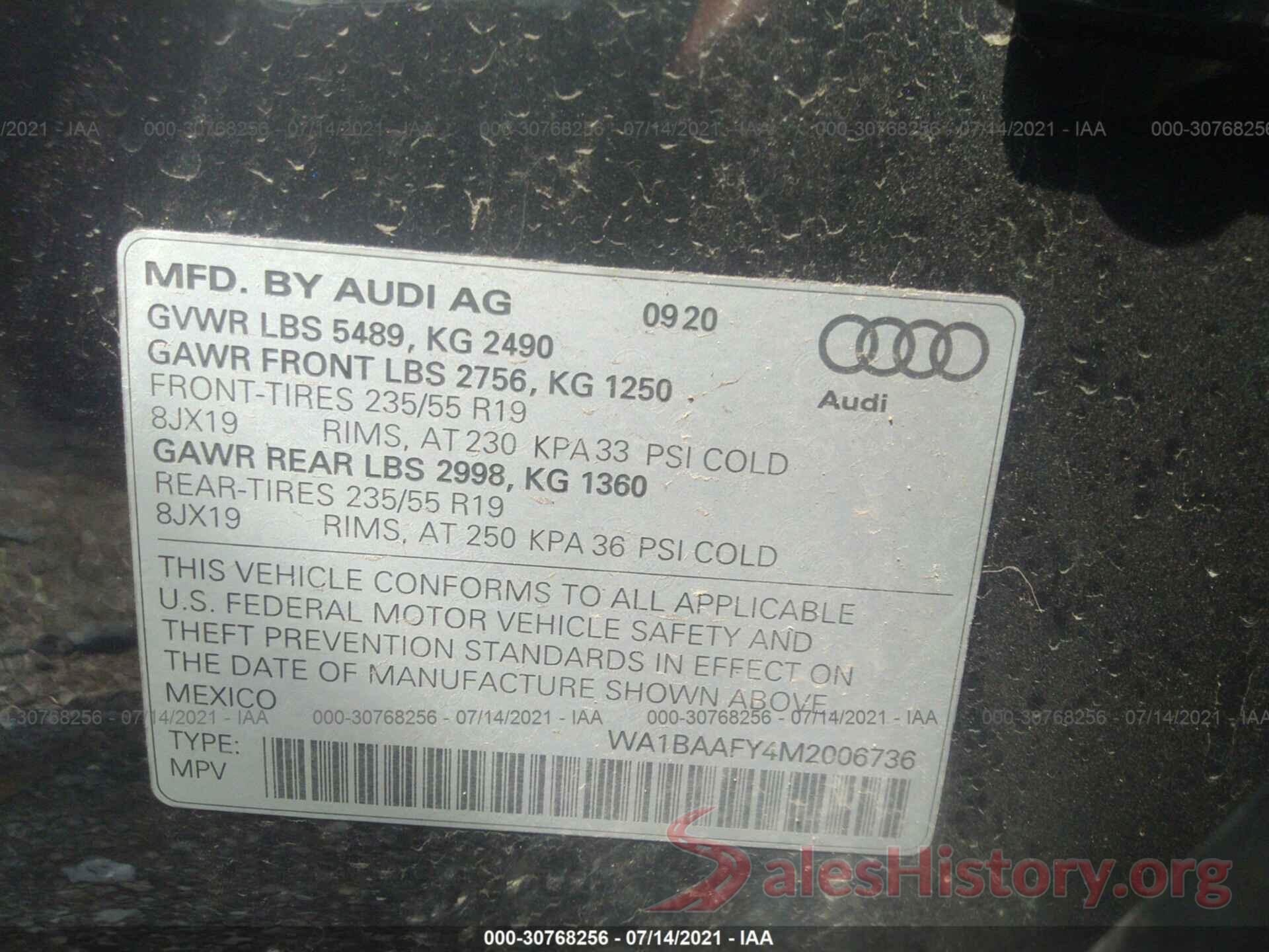 WA1BAAFY4M2006736 2021 AUDI Q5