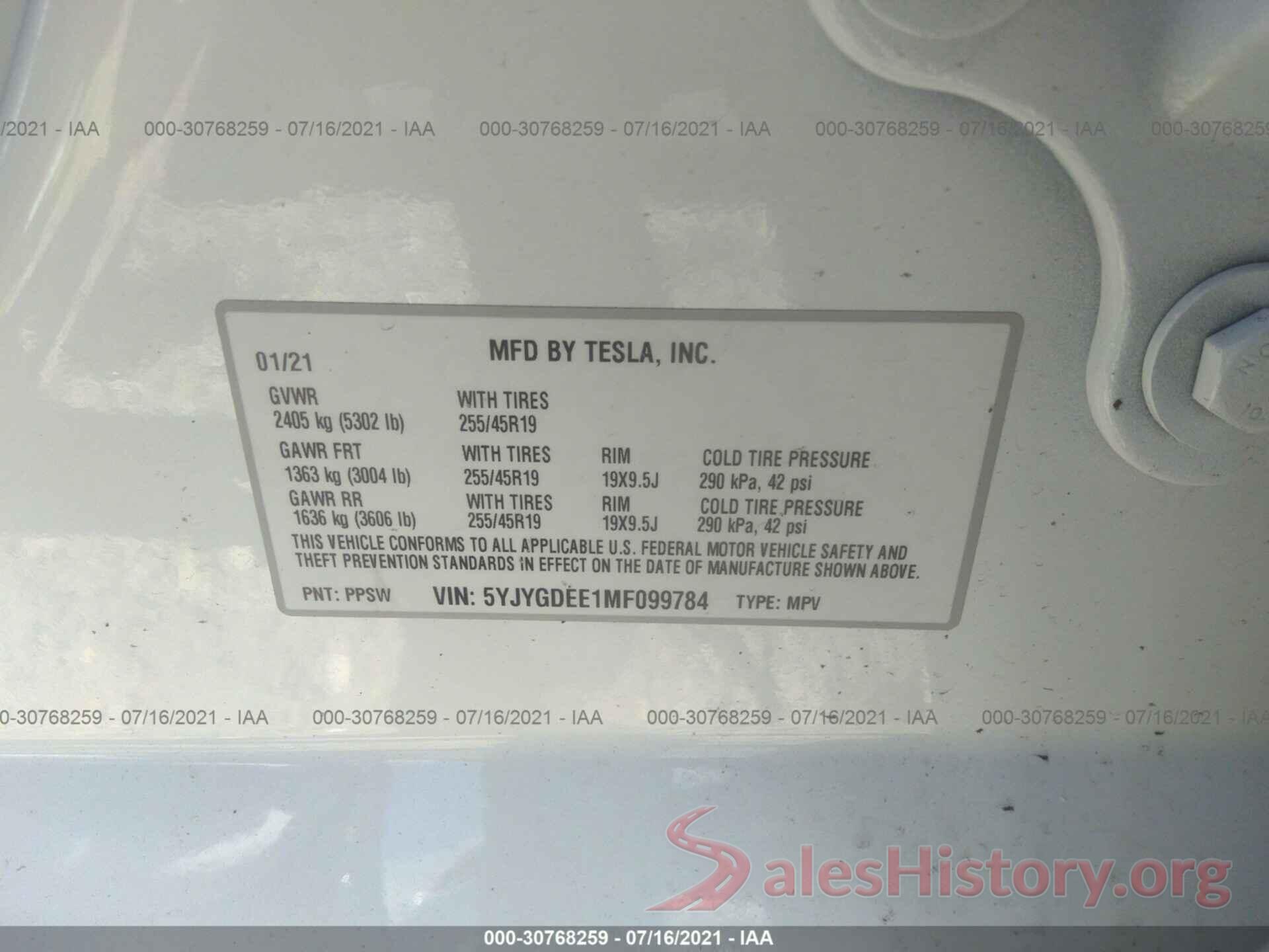 5YJYGDEE1MF099784 2021 TESLA MODEL Y