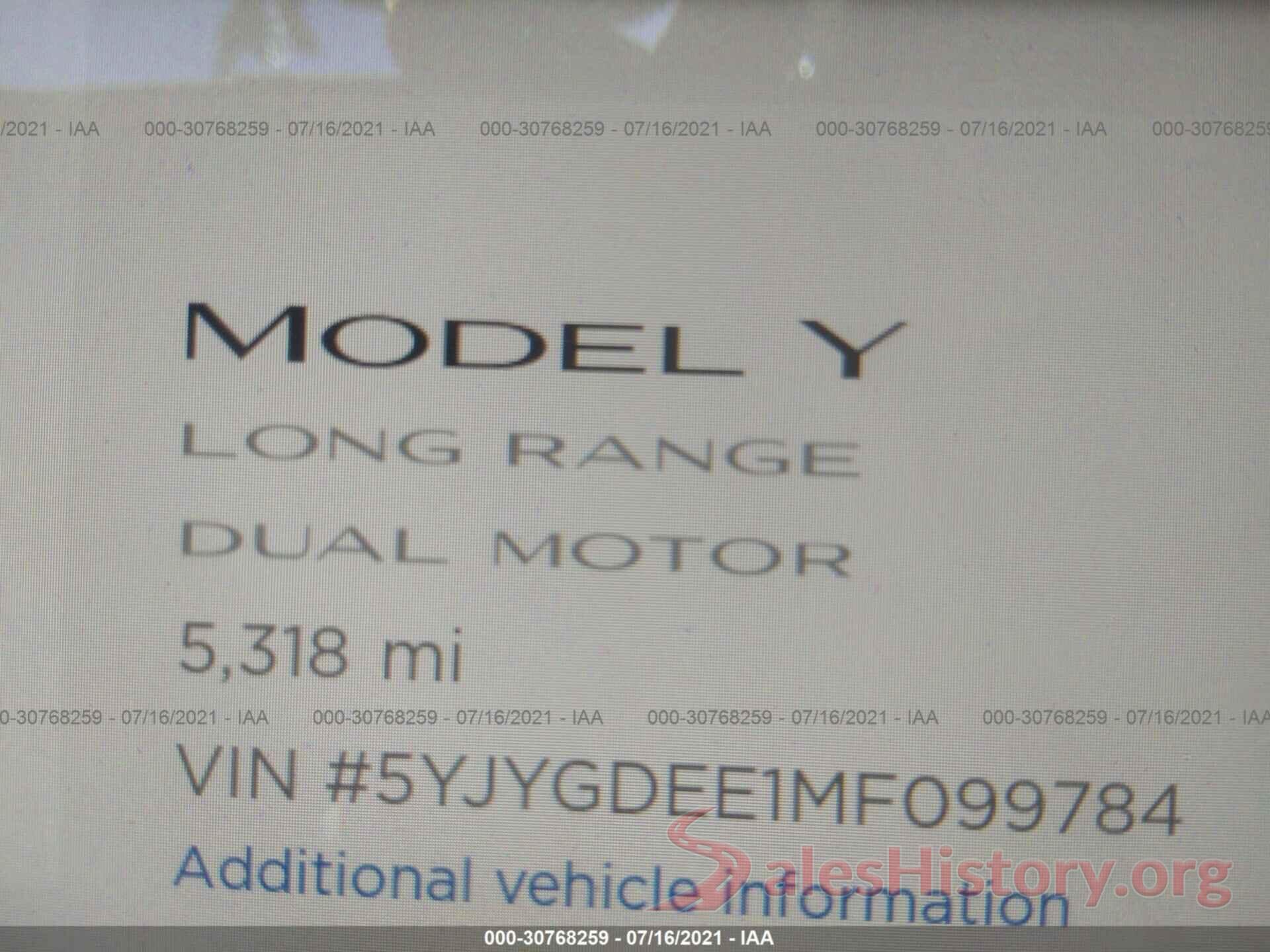 5YJYGDEE1MF099784 2021 TESLA MODEL Y