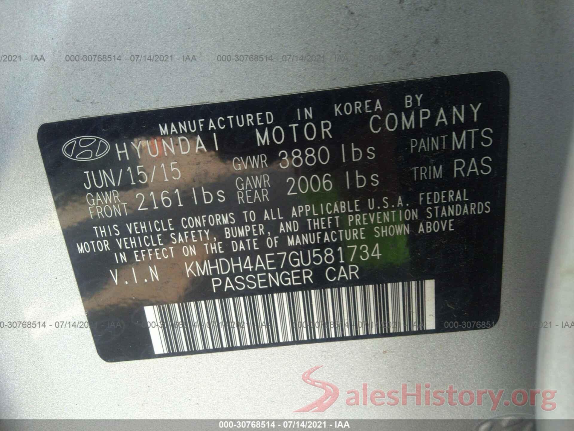 KMHDH4AE7GU581734 2016 HYUNDAI ELANTRA