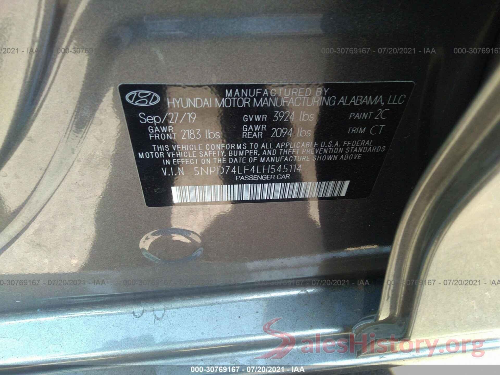 5NPD74LF4LH545114 2020 HYUNDAI ELANTRA