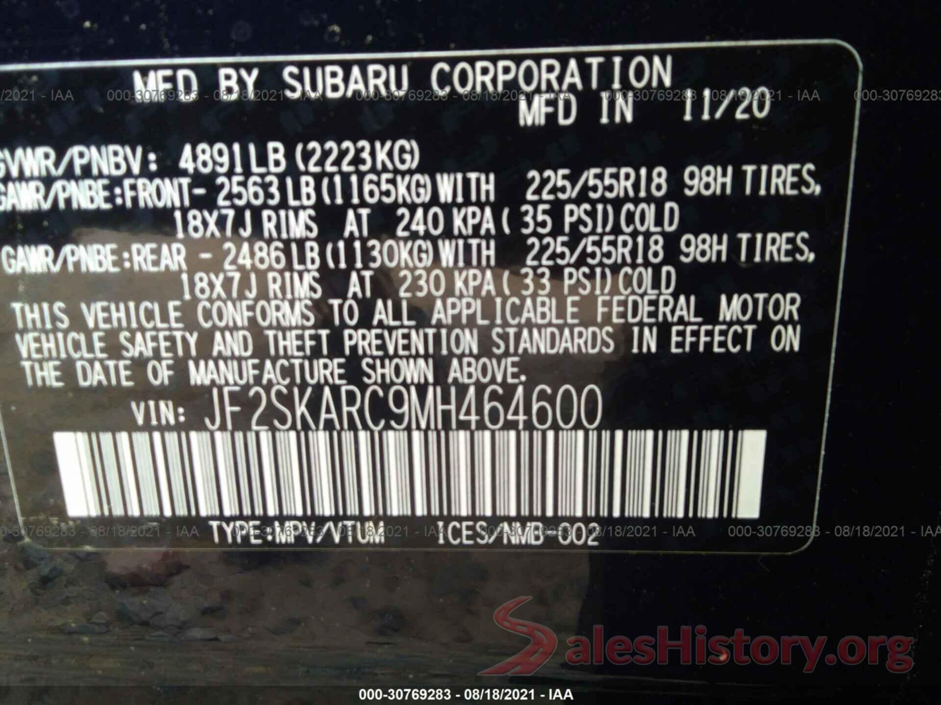 JF2SKARC9MH464600 2021 SUBARU FORESTER