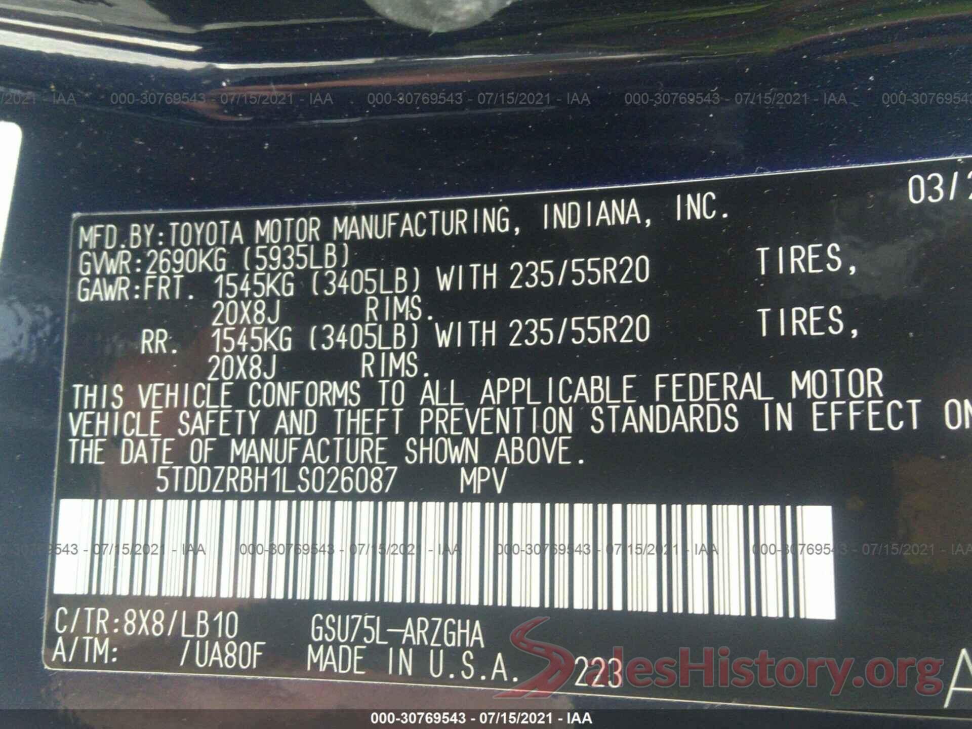 5TDDZRBH1LS026087 2020 TOYOTA HIGHLANDER