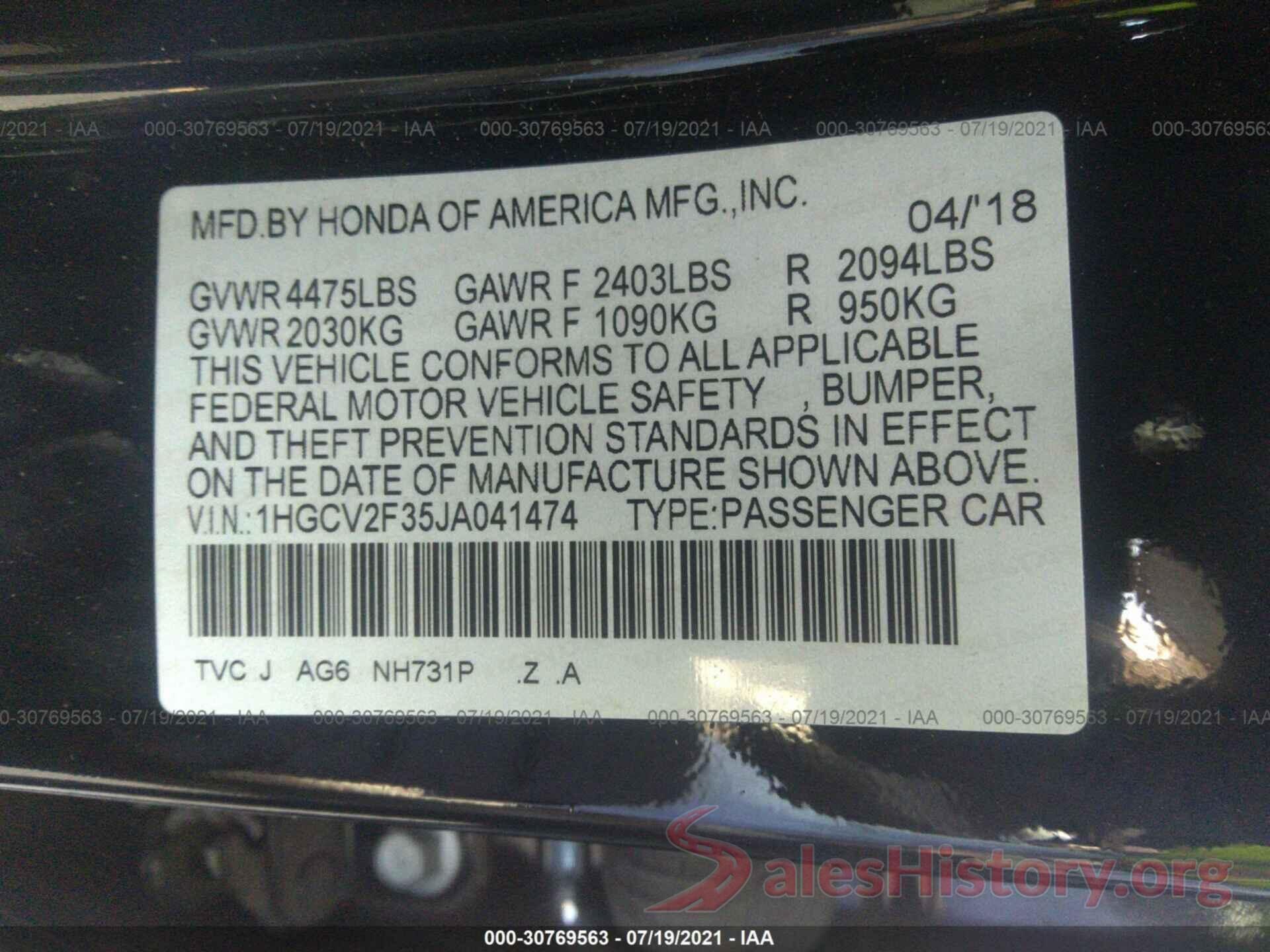 1HGCV2F35JA041474 2018 HONDA ACCORD SEDAN